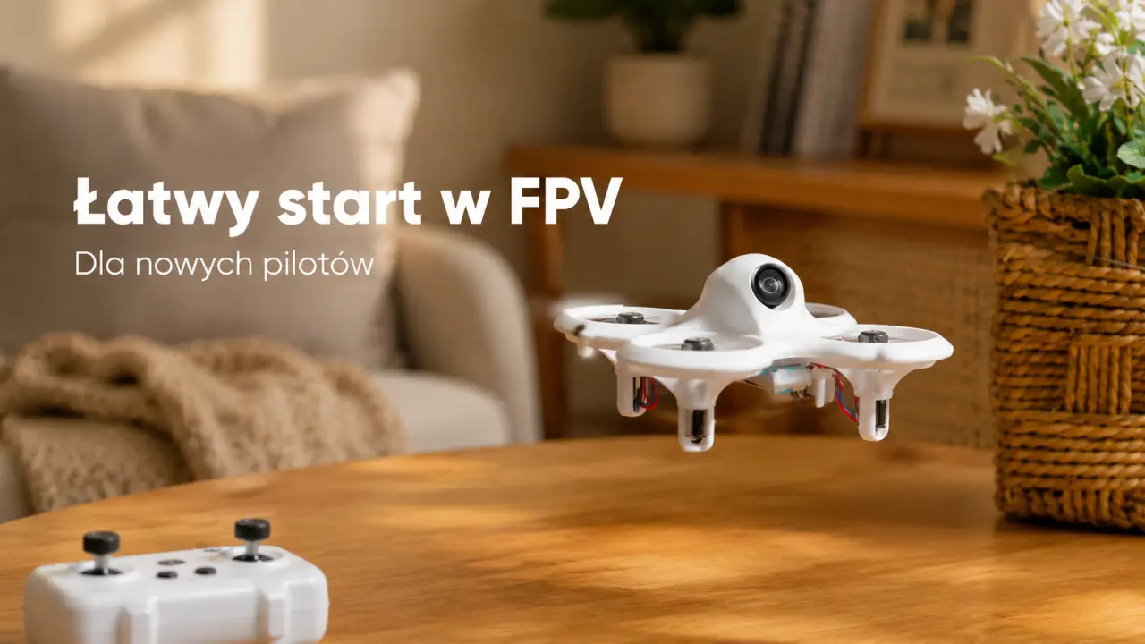 Biały mini dron FPV unoszący się nad drewnianym stołem w domowym wnętrzu.