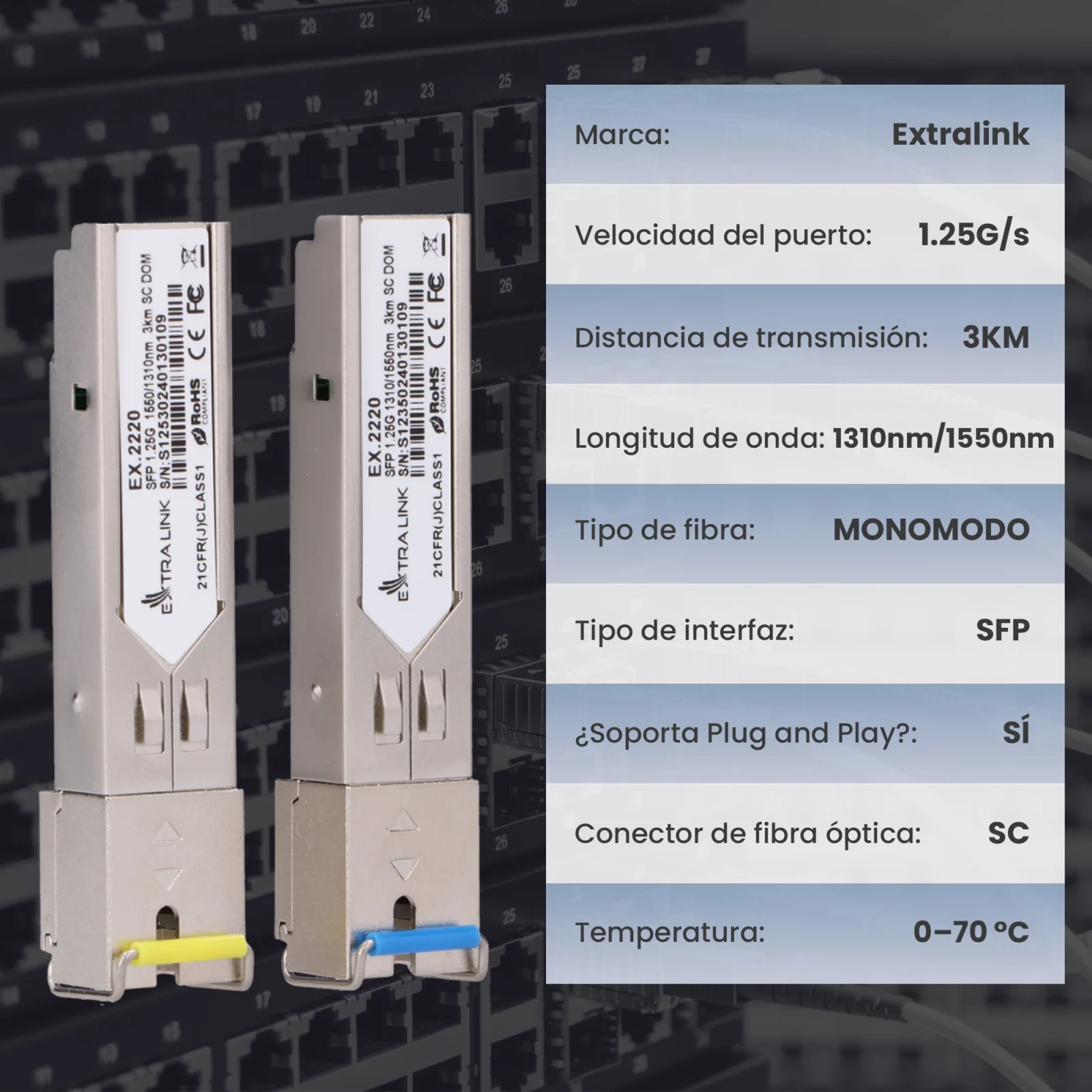 dos m&oacute;dulos SFP de Extralink (transceptores de fibra) y una tabla con sus especificaciones t&eacute;cnicas