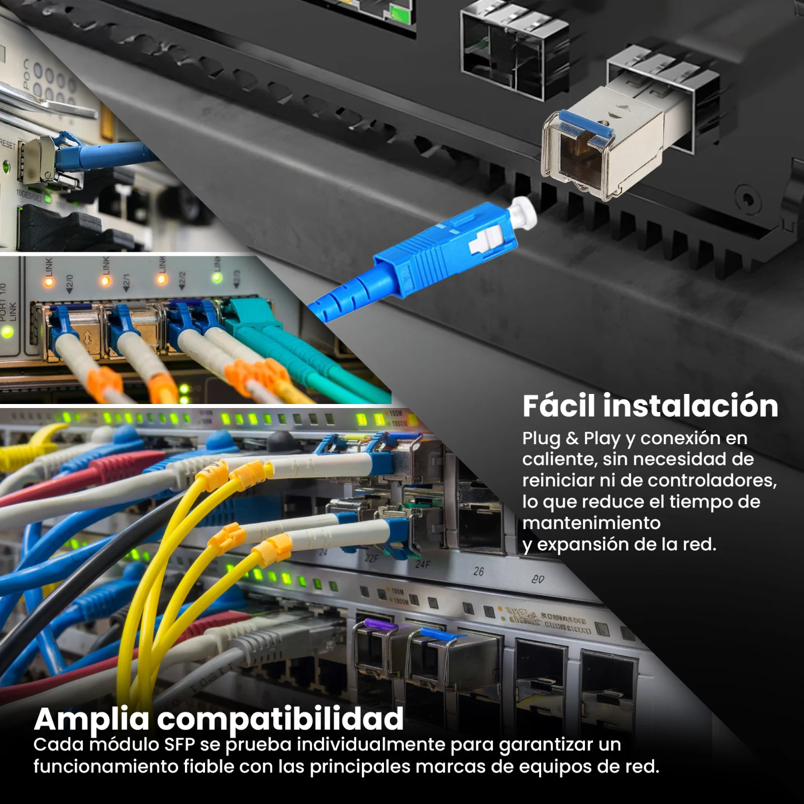 Collage de fotos de una sala/rack de servidores con múltiples cables y switches conectados y módulos sfp extralink.