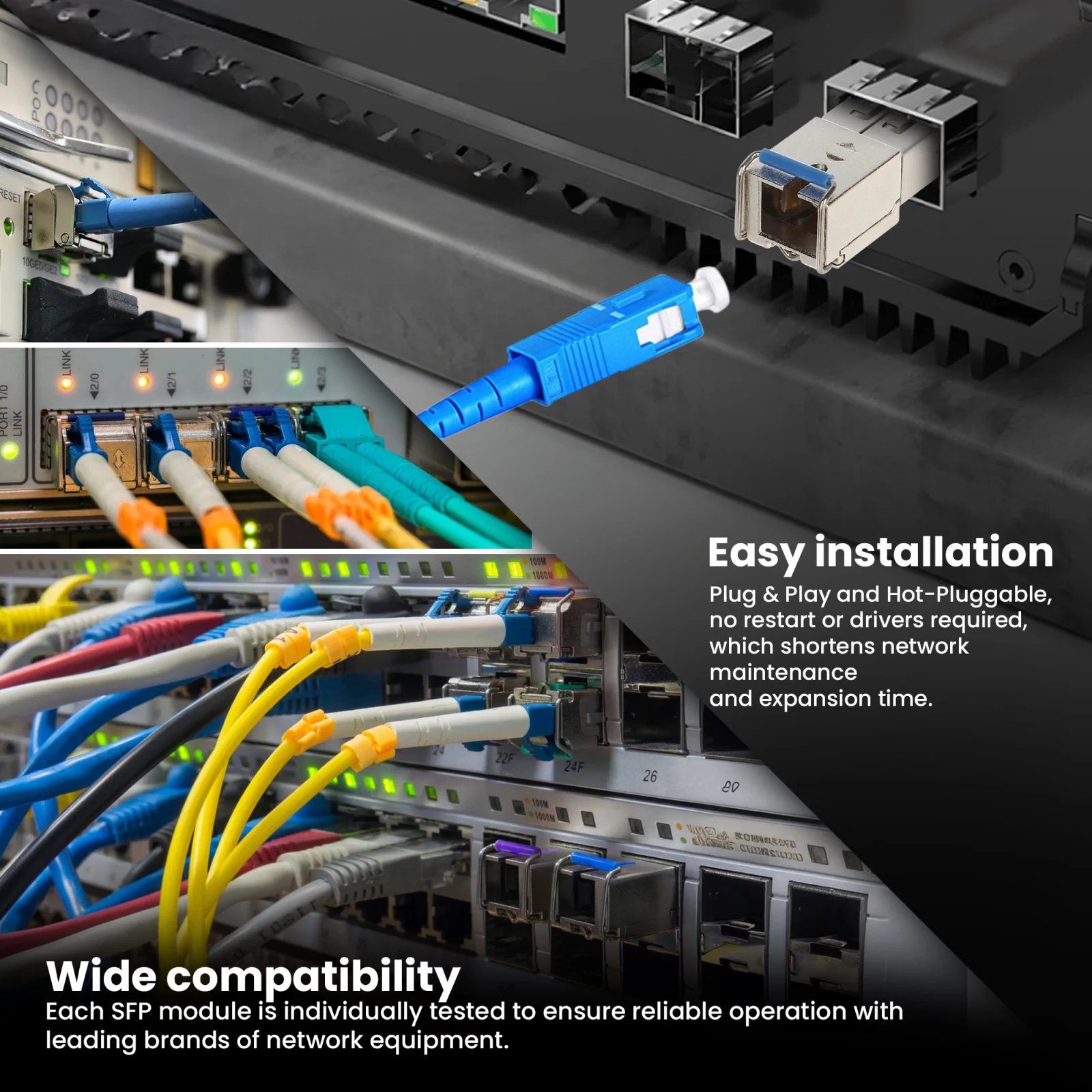 Birden fazla bağlı kablo ve anahtar ve ekstralink sfp modülleri ile bir sunucu odası / rafının fotoğraflarından oluşan kolaj