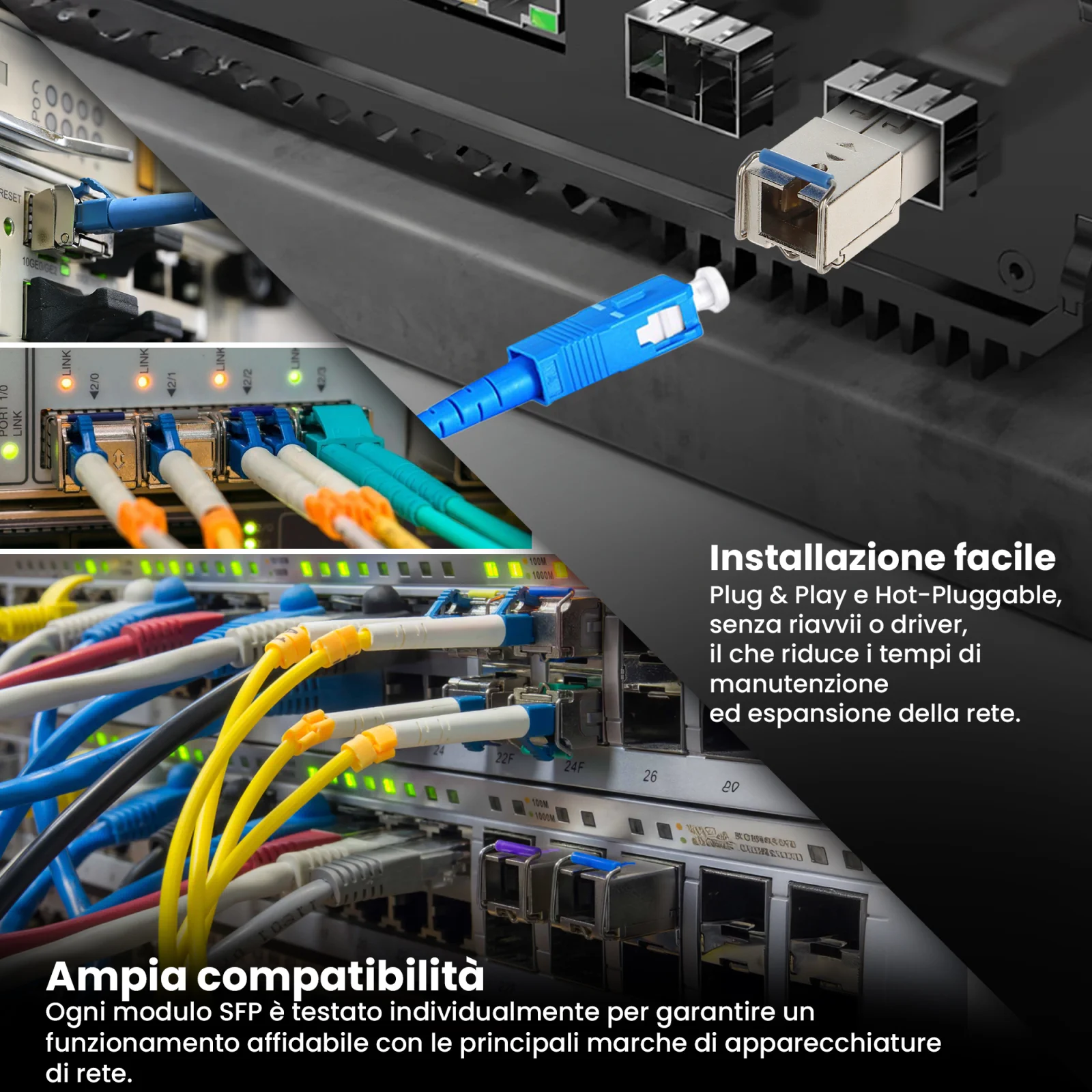 Collage di foto di una sala server/rack con più cavi e switch collegati e moduli sfp extralink