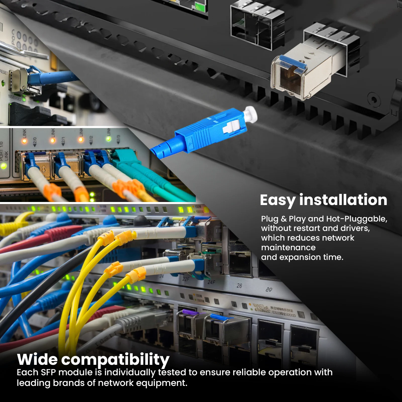 Kolaż zdjęć serwerowni/szafy rack z wieloma podłączonymi kablami i przełącznikami i modułami sfp extralink