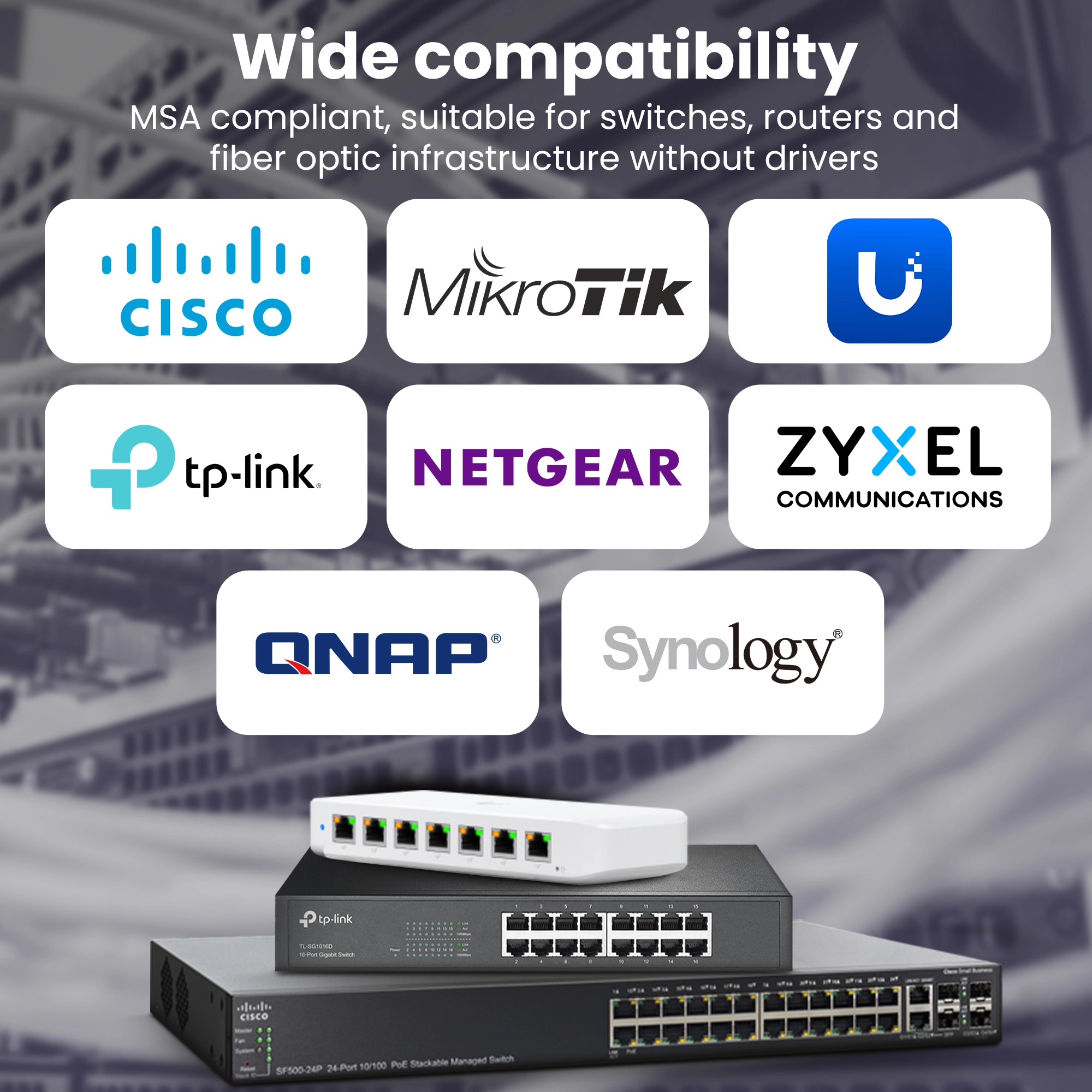 Ikony marek Cisco, MikroTik, TP-Link, Netgear, Zyxel, QNAP, Synology oraz zdjęcia przełączników