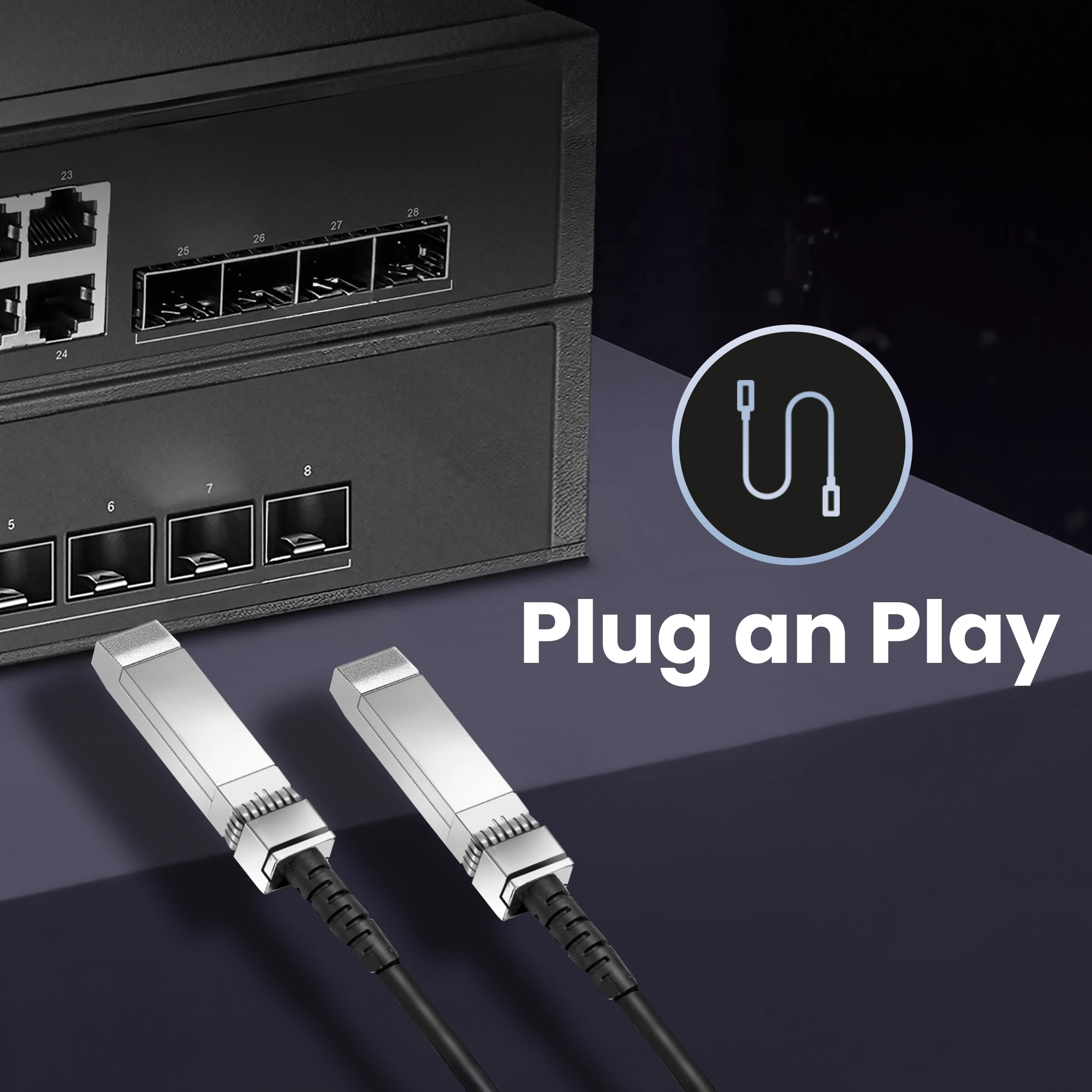 Kabel SFP+ podłączony do portów w przełączniku, z ikoną