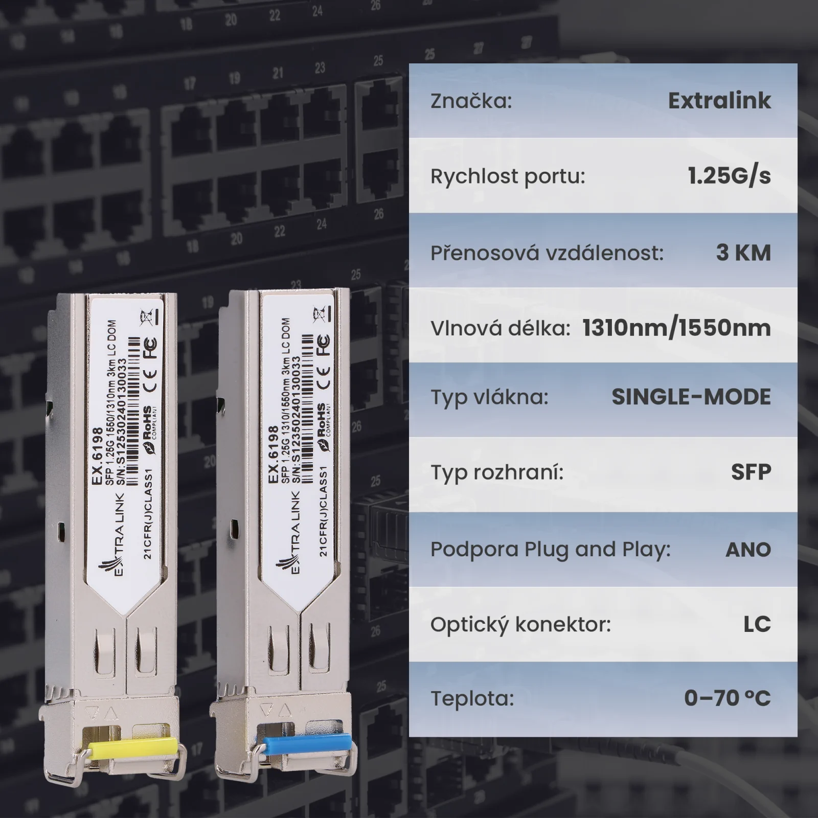dva moduly Extralink SFP (optick&eacute; transceivery) a tabulka s jejich technick&yacute;mi specifikacemi.