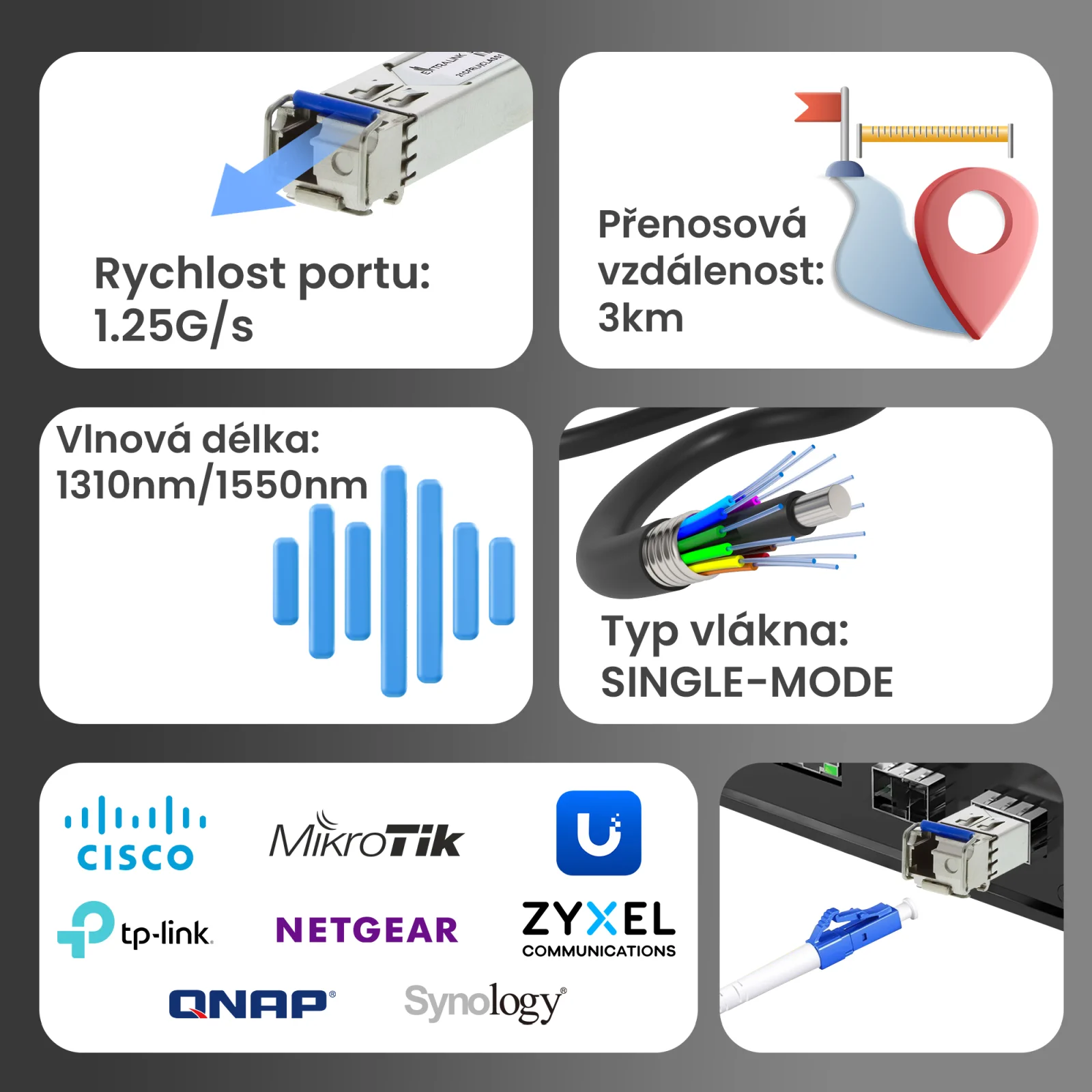 Klíčové parametry extralink SFP modulu (rychlost, vzdálenost, vlnová délka, typ vlákna)