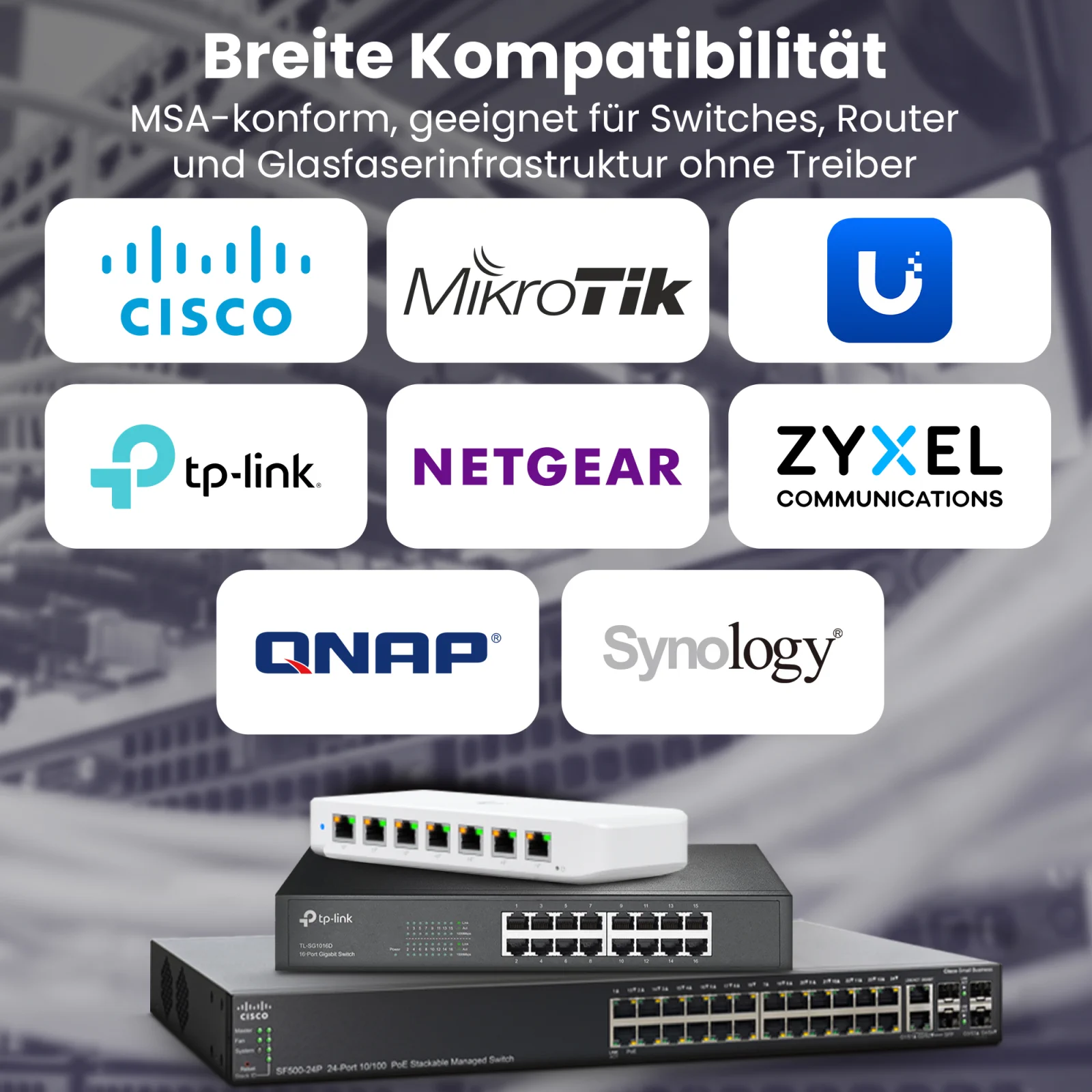 Logos bekannter Netzwerkausrüstungsmarken (z. B. Cisco, Mikrotik, TP-Link, Zyxel, Netgear, Synology) und zwei Netzwerk-Switches am unteren Rand