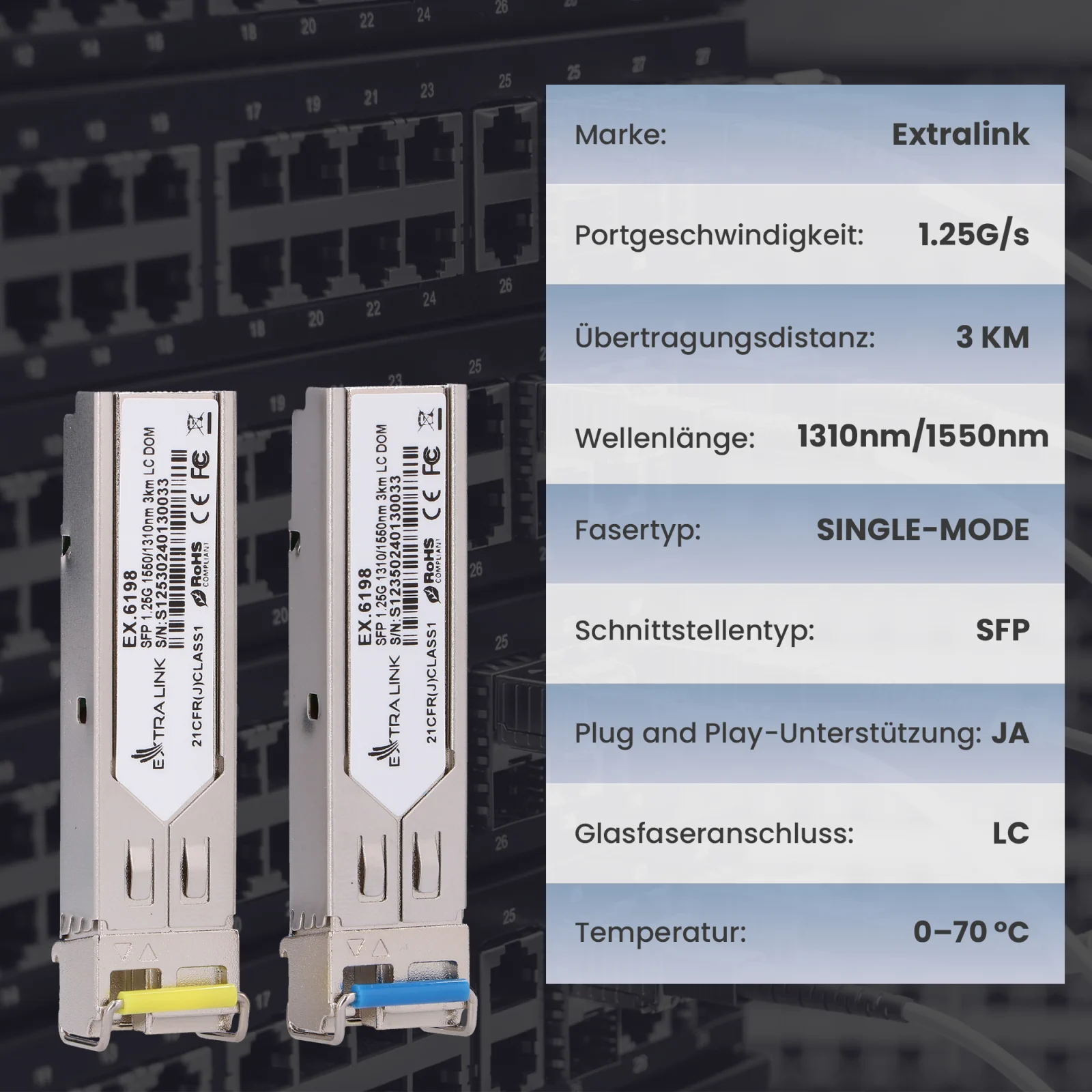 zwei Extralink SFP-Module (Glasfaser-Transceiver) und eine Tabelle mit ihren technischen Daten