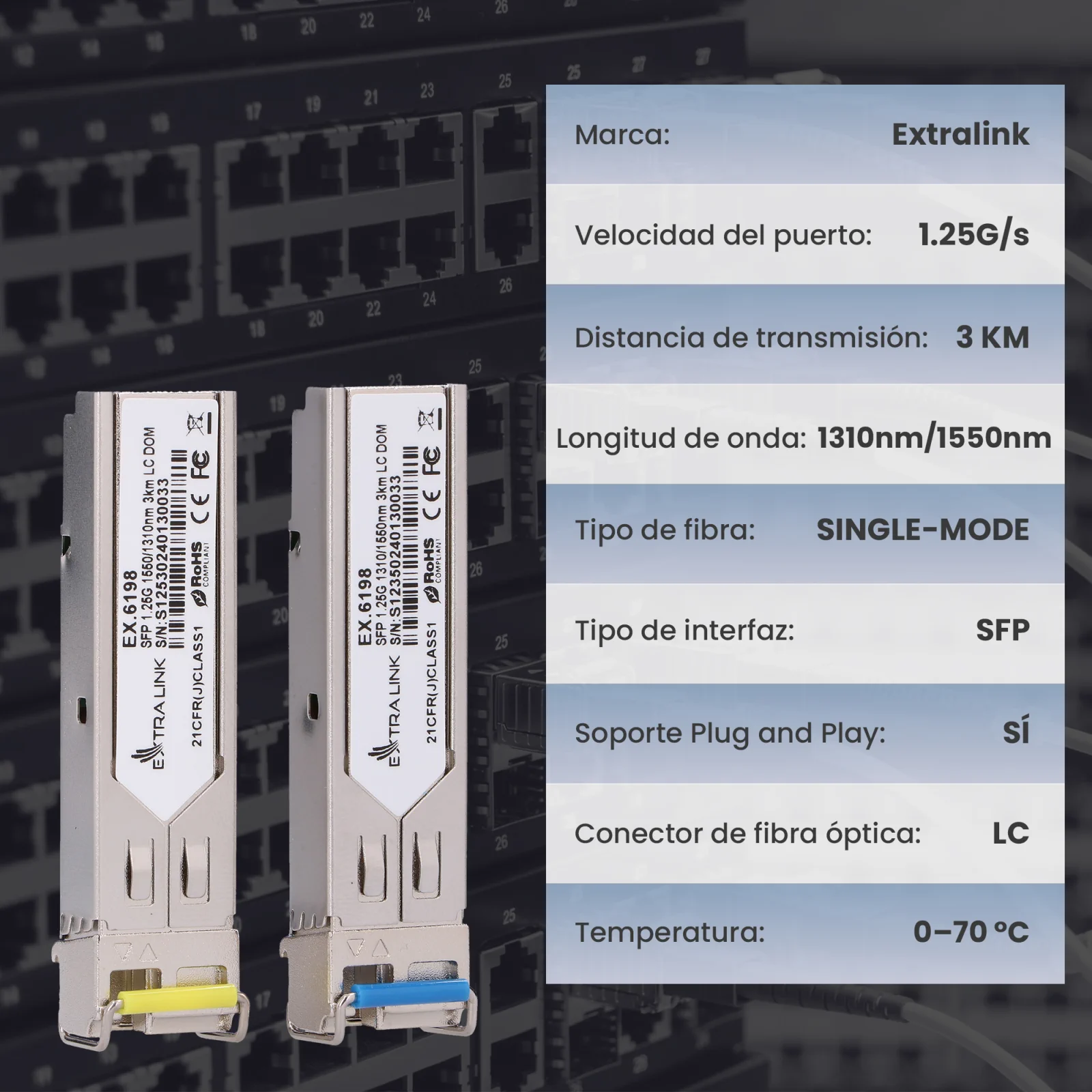 dos m&oacute;dulos SFP de Extralink (transceptores de fibra) y una tabla con sus especificaciones t&eacute;cnicas