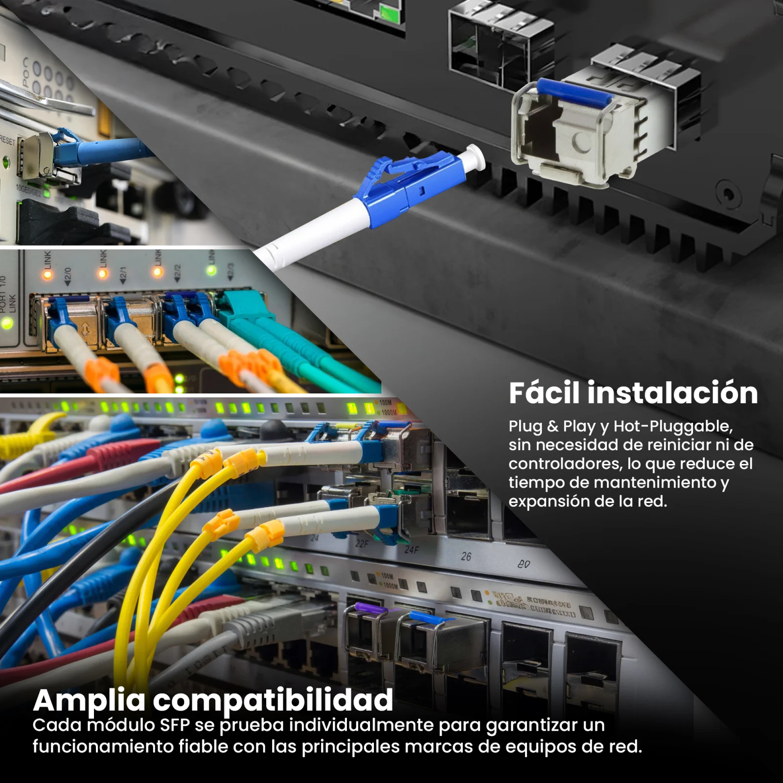 Collage de fotos de una sala/rack de servidores con m&uacute;ltiples cables y switches conectados y m&oacute;dulos sfp extralink.