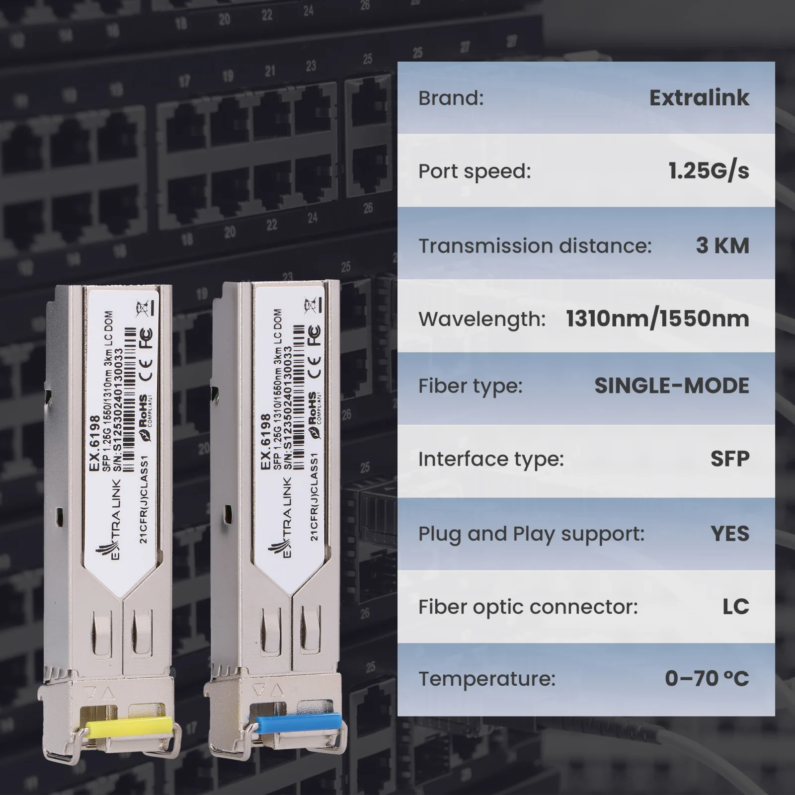 Two Extralink SFP modules (fiber optic transceivers) and a table with their technical specifications
