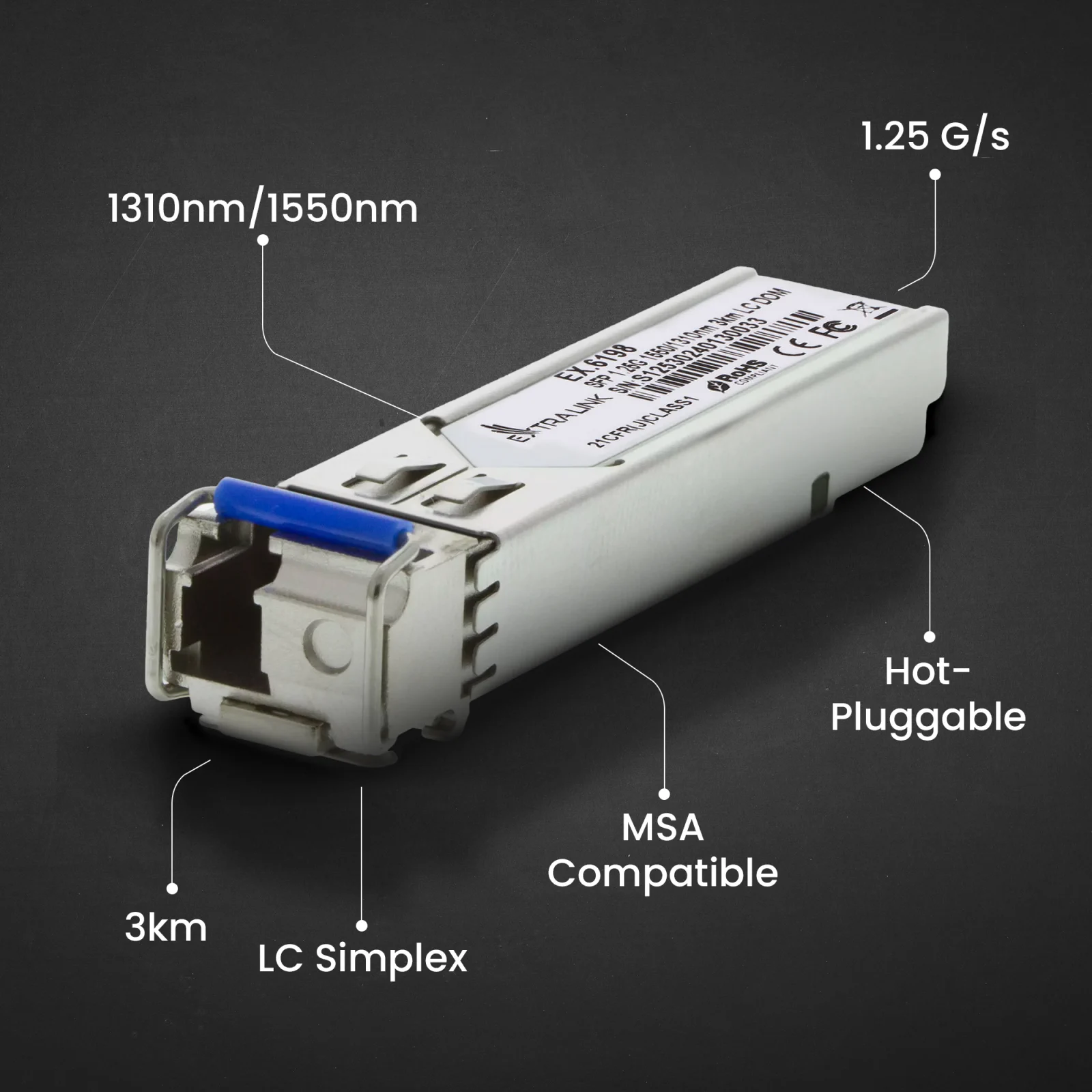 Close-up of an extralink SFP module with labels indicating its specifications