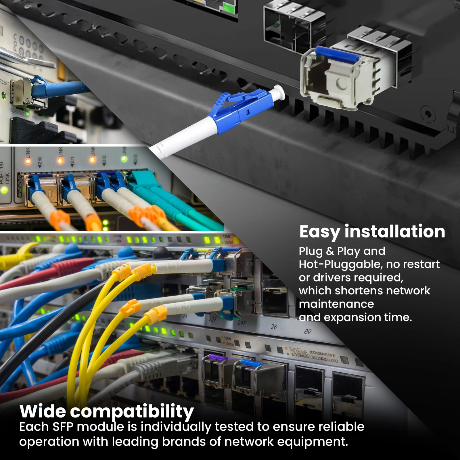 A collage of photos of a server room/rack closet with multiple connected cables and extralink sfp switches and modules