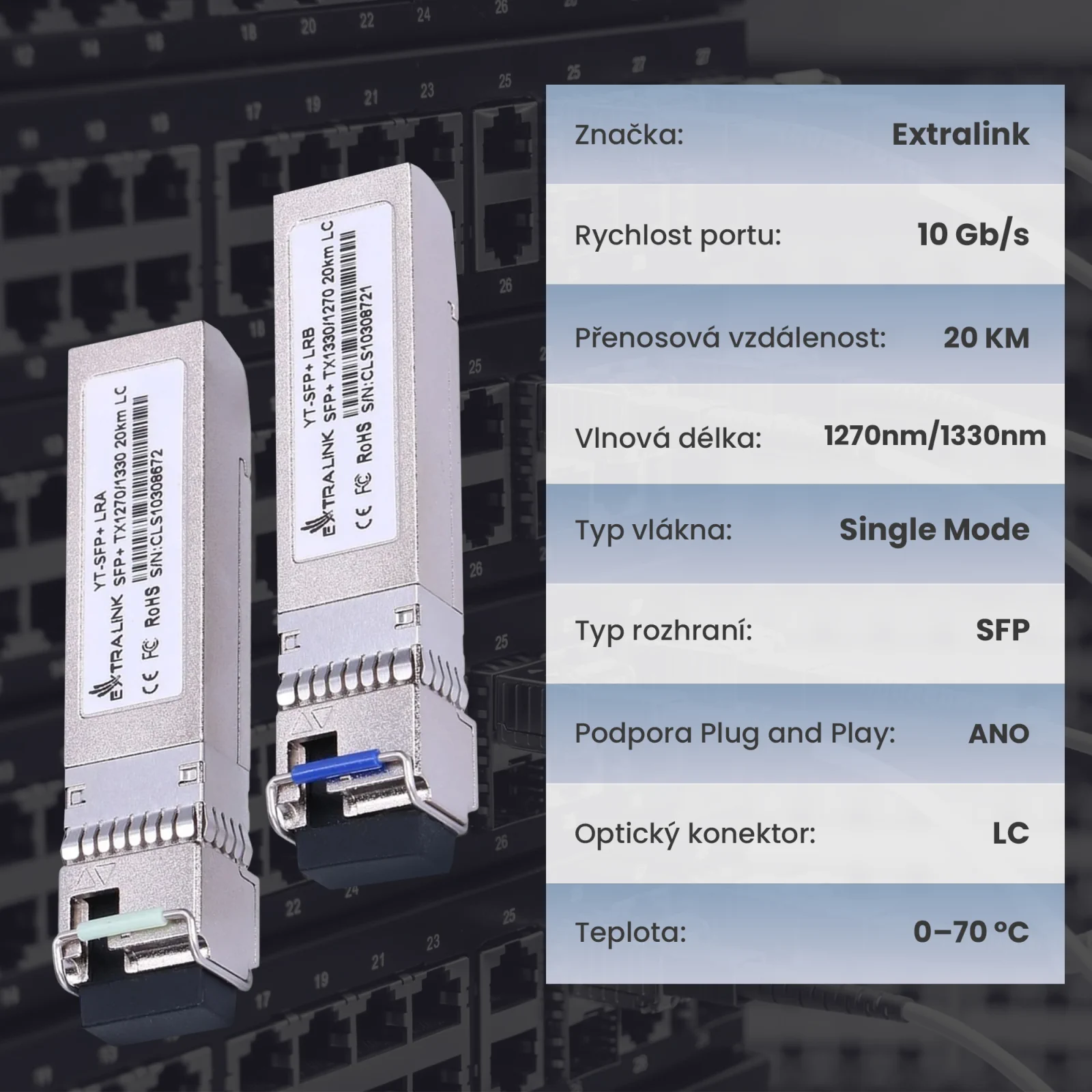 dva moduly Extralink SFP (optick&eacute; transceivery) a tabulka s jejich technick&yacute;mi specifikacemi.