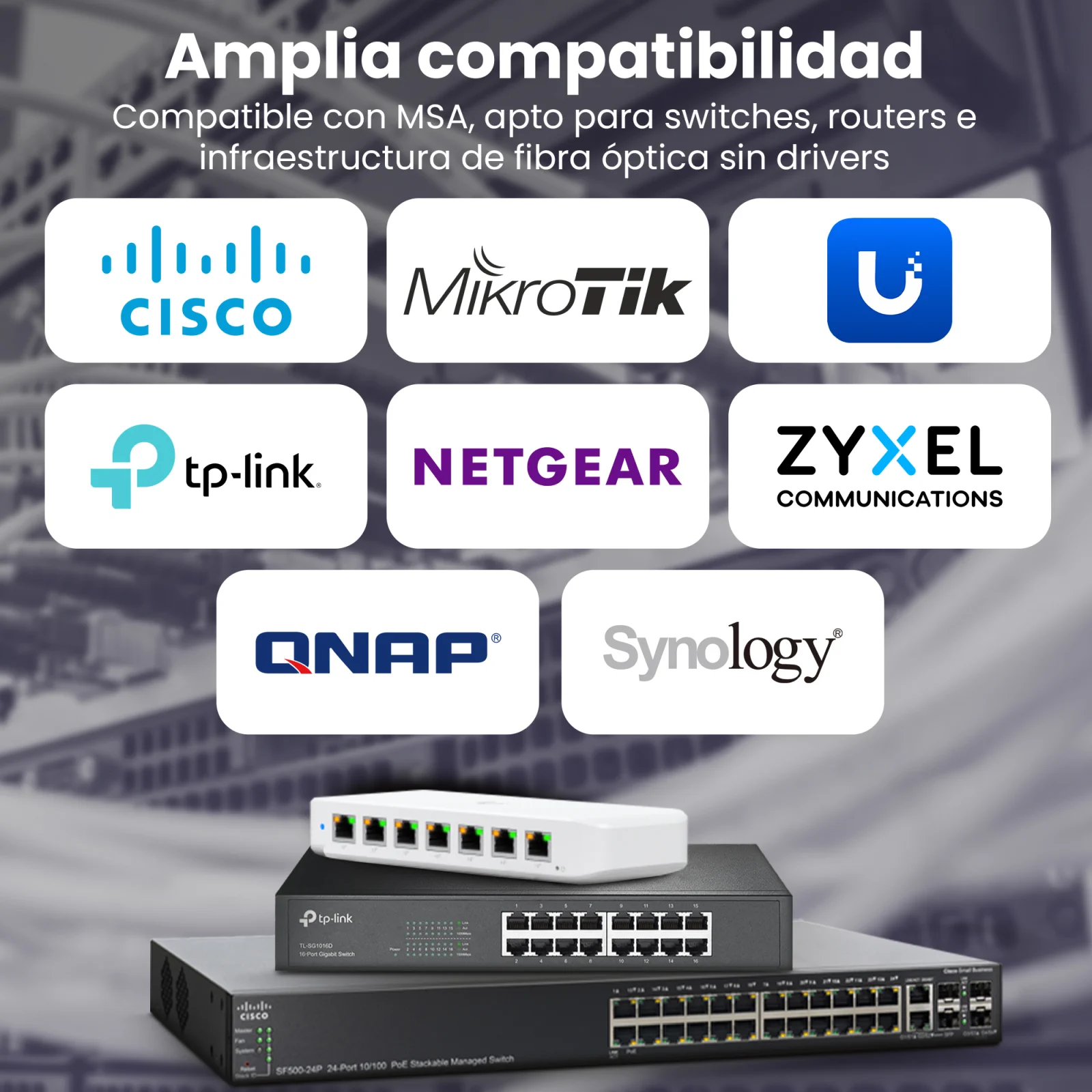 logotipos de marcas conocidas de equipos de red (por ejemplo, Cisco, Mikrotik, TP-Link, Zyxel, Netgear, Synology) y dos conmutadores de red en la parte inferior