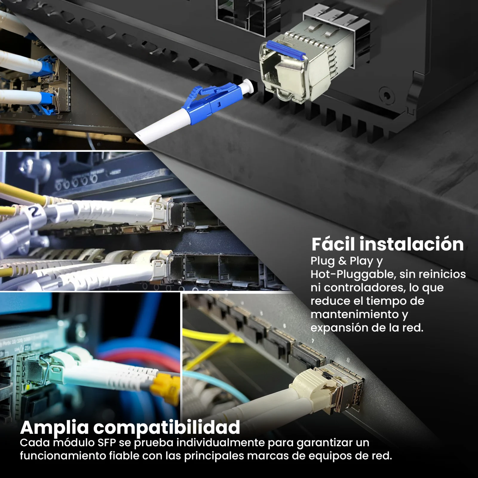 Collage de fotos de una sala/rack de servidores con m&uacute;ltiples cables y switches conectados y m&oacute;dulos sfp extralink.