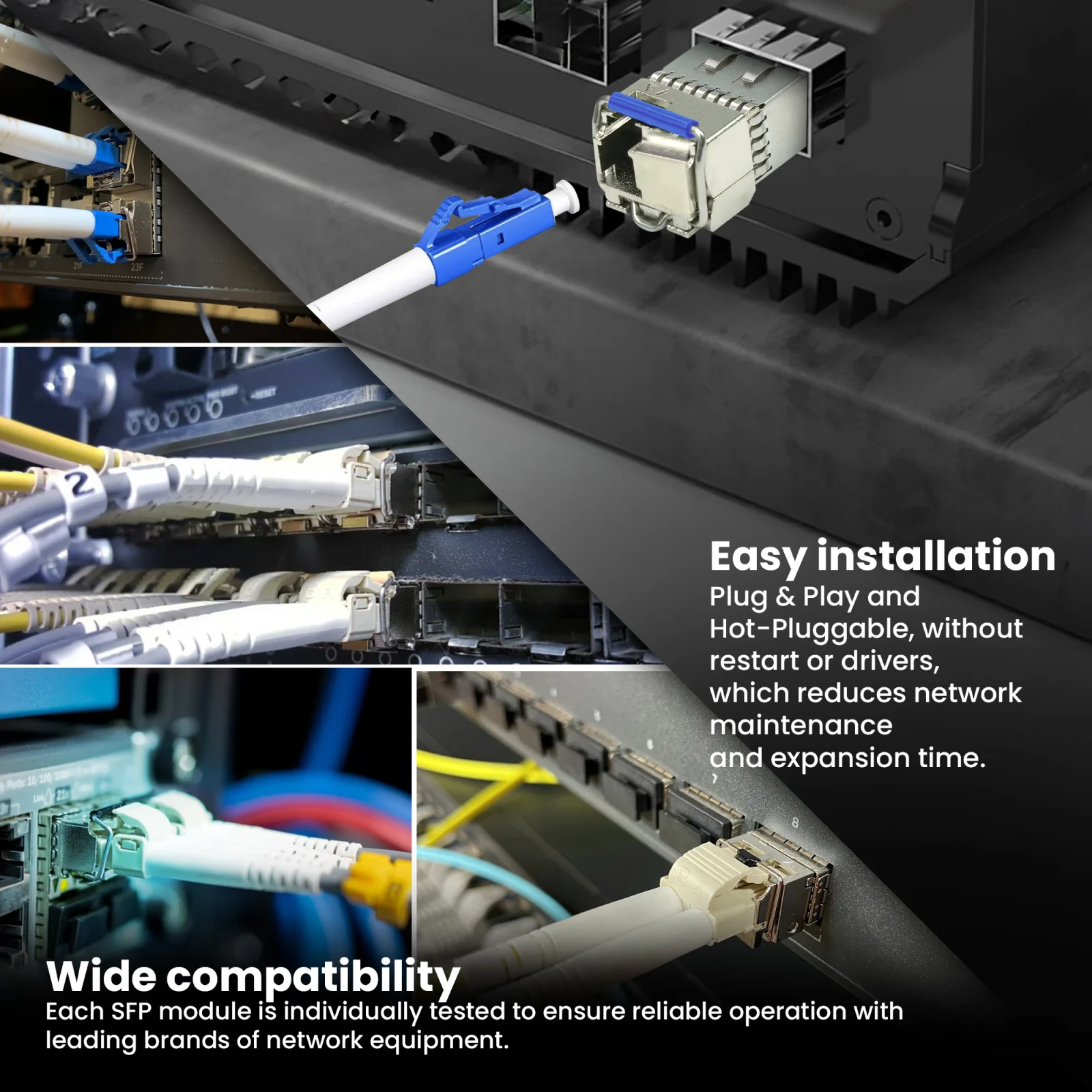 Collage de fotos de una sala/rack de servidores con múltiples cables y switches conectados y módulos sfp extralink.