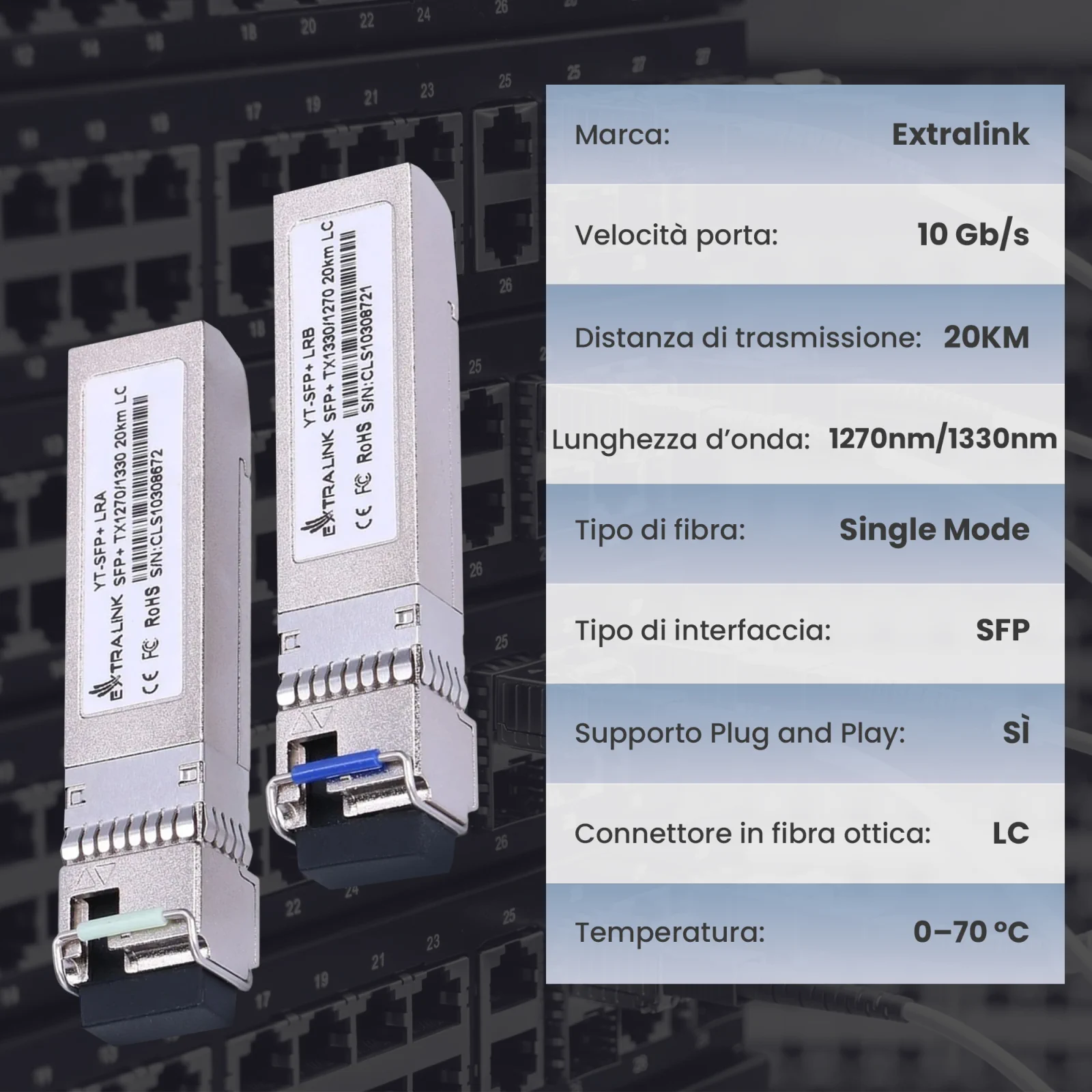due moduli SFP Extralink (ricetrasmettitori in fibra) e una tabella con le relative specifiche tecniche