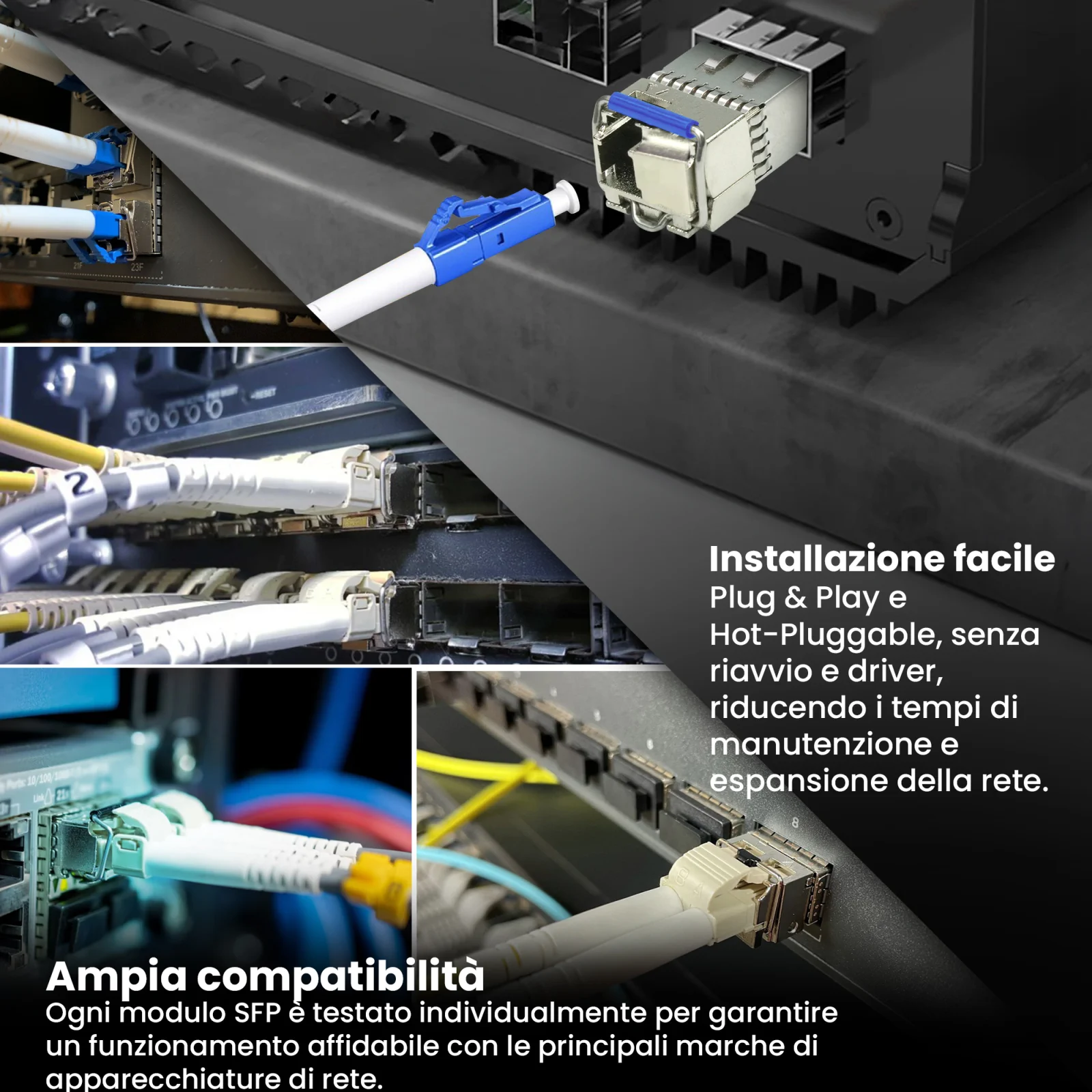 Collage di foto di una sala server/rack con più cavi e switch collegati e moduli sfp extralink