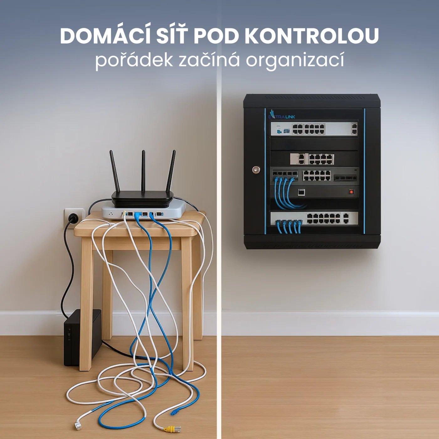 Srovnání nestrukturované síťové kabeláže vlevo a strukturované instalace v rozvaděči Extralink vpravo