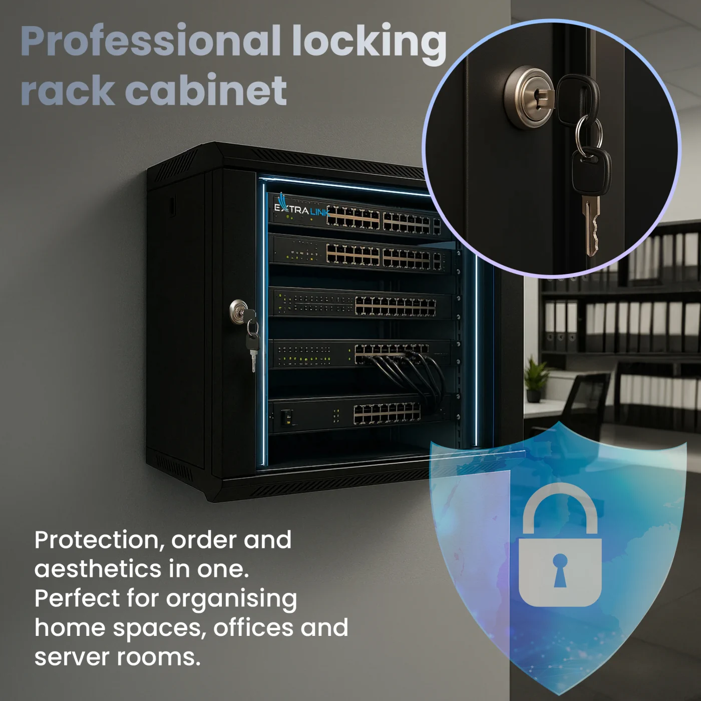 Szafa rack Extralink zamykana na klucz, z grafiką symbolizującą bezpieczeństwo danych i porządek w instalacji sieciowej