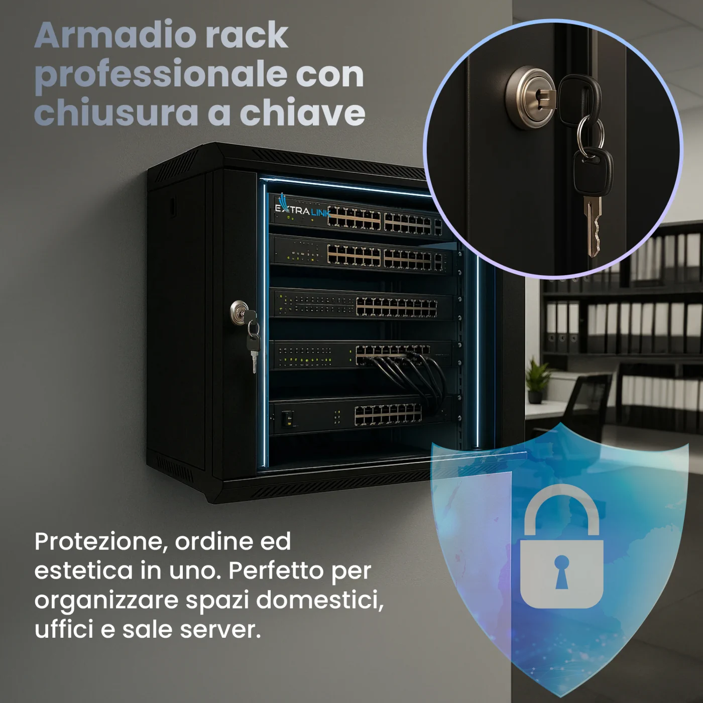 Rack chiudibile Extralink con grafica che simboleggia la sicurezza dei dati e l'ordine nell'installazione di rete