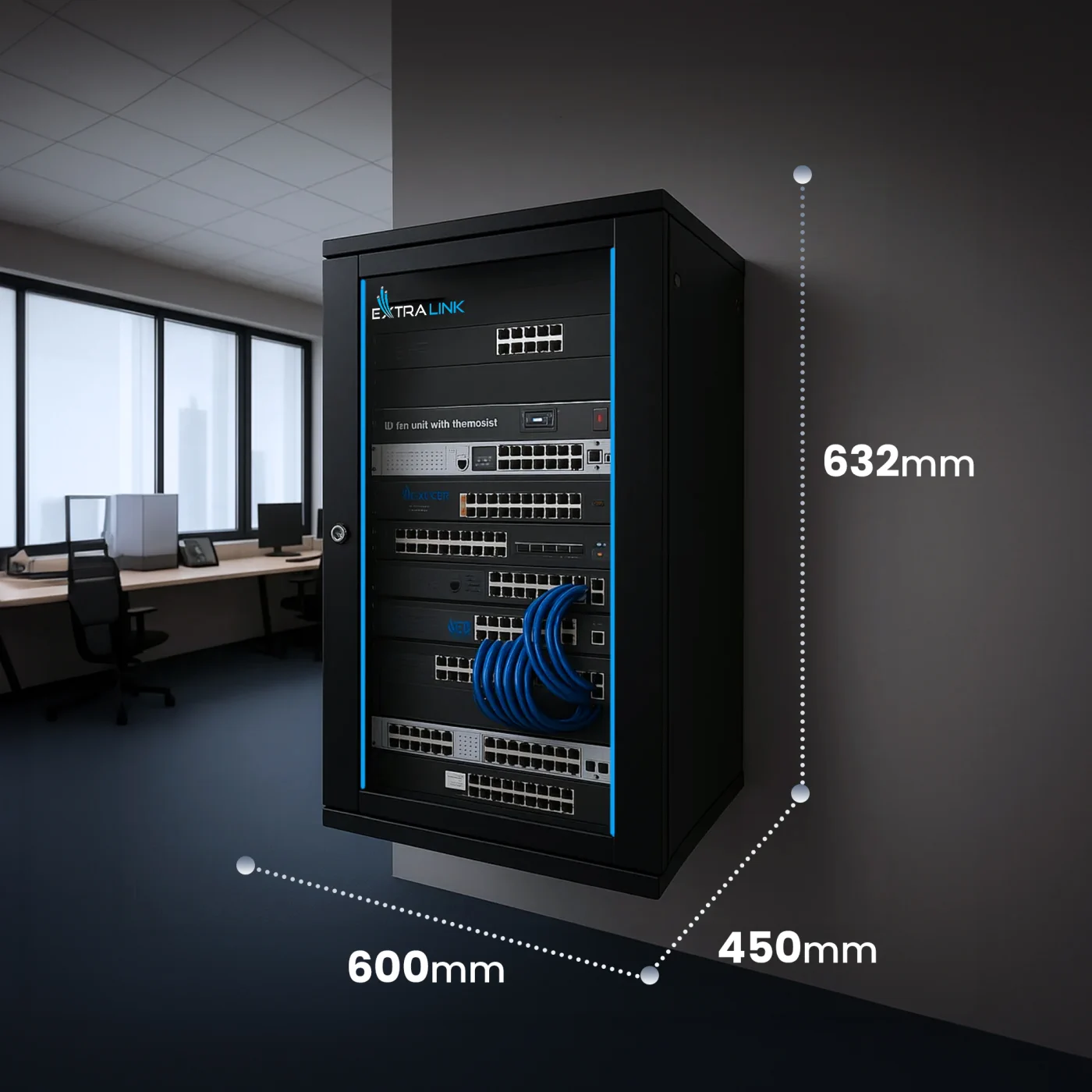 Závěsný rozvaděč Extralink 12U o rozměrech 632 × 600 × 450 mm, připevněný na stěnu v kanceláři s viditelnou kabeláží