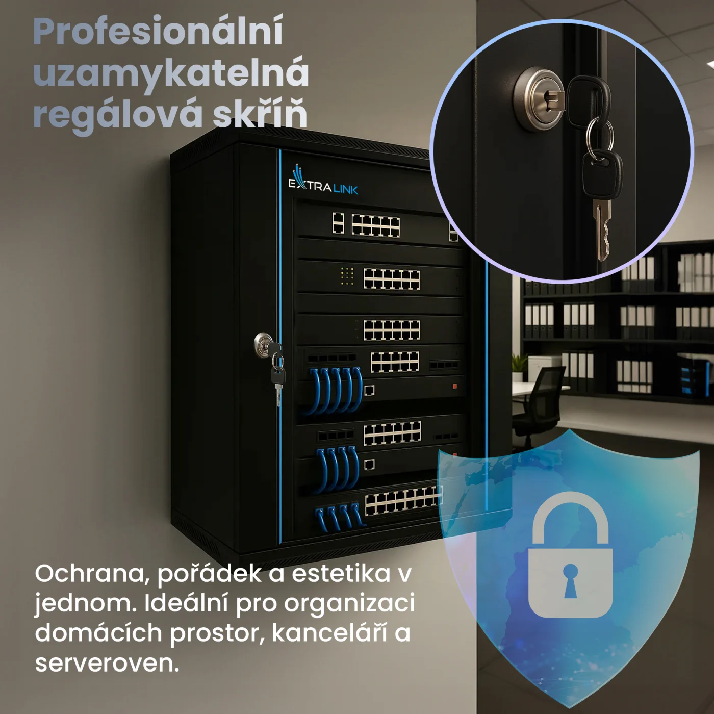 Rack Extralink se zámkem, zobrazený v kanceláři, zdůrazňující bezpečnostní funkci a estetiku síťové instalace.