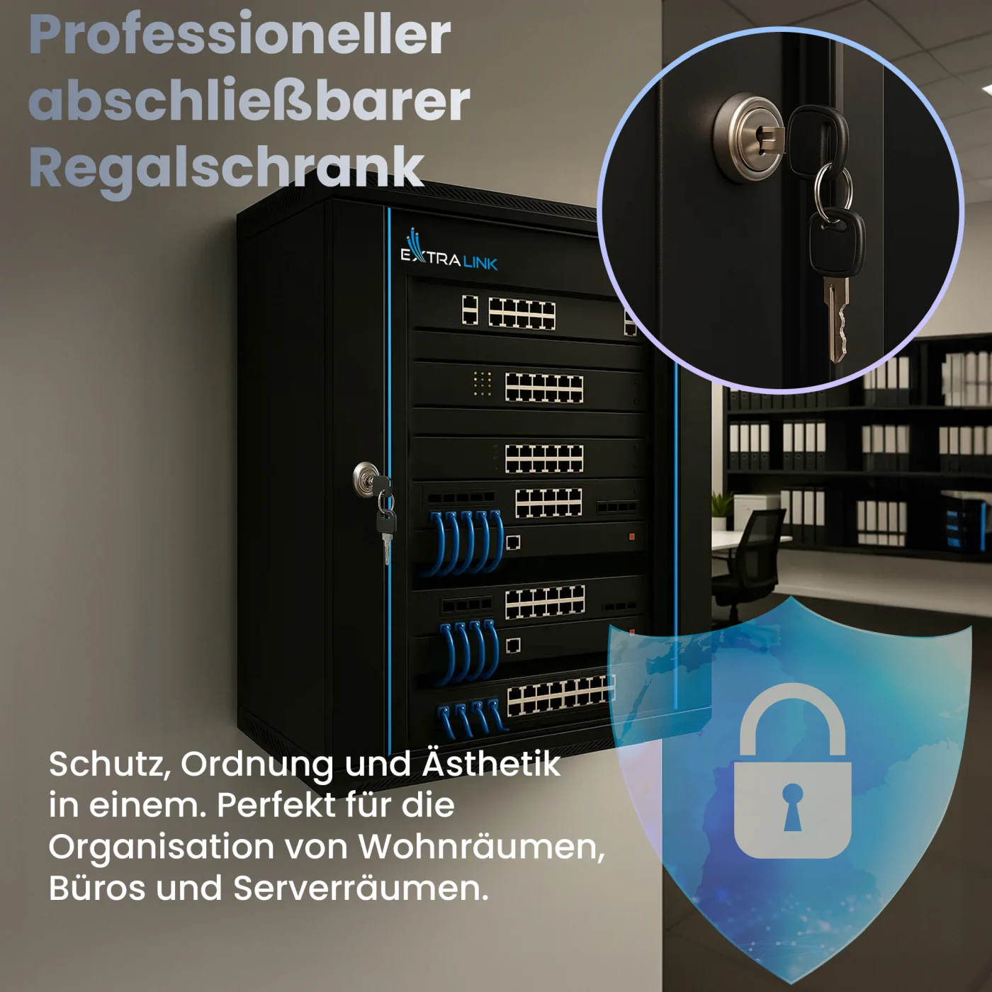 Extralink-Rack mit Schloss, abgebildet im Büro, unterstreicht die Sicherheitsfunktion und die Ästhetik der Netzwerkinstallation
