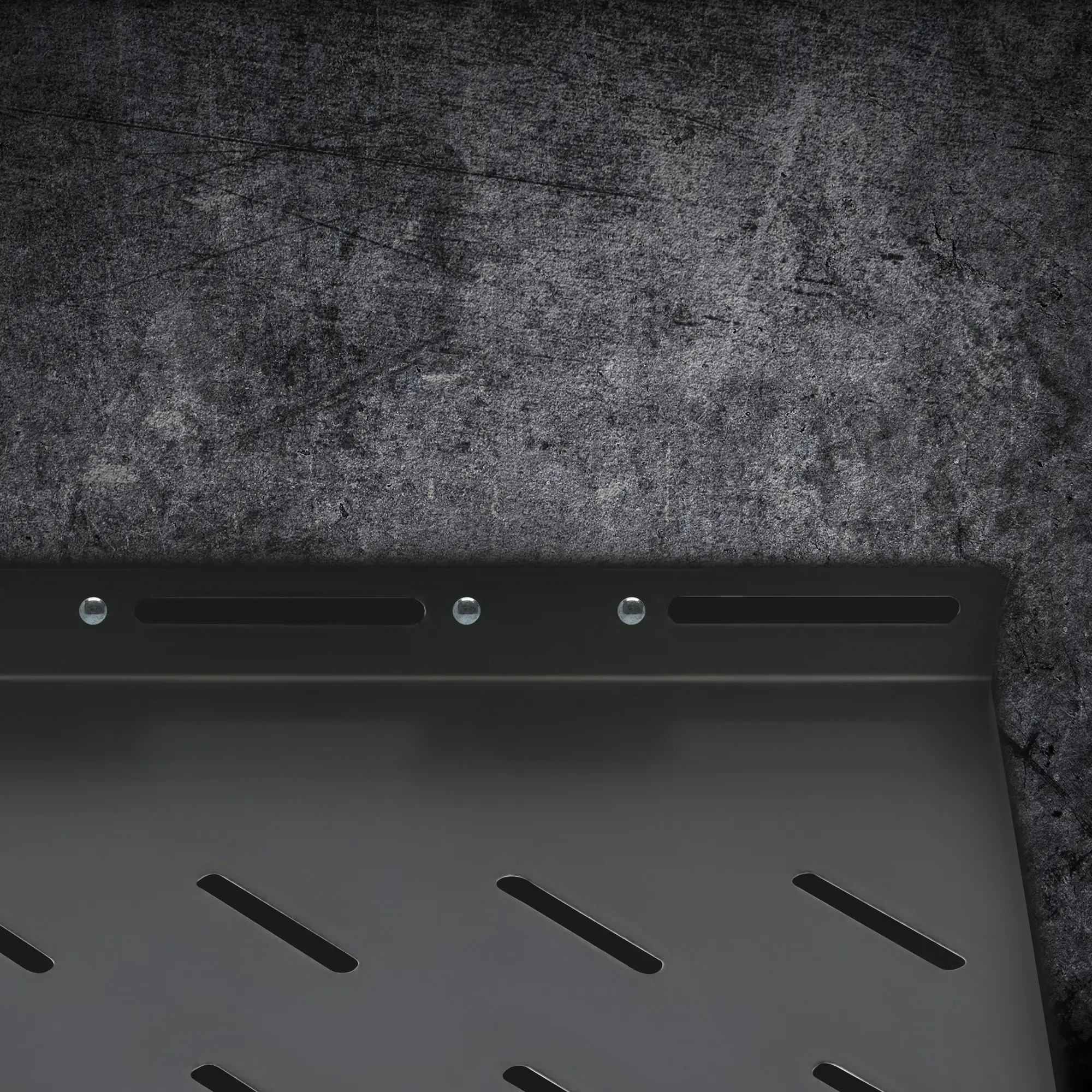 Detail of the top edge of the black 1U Extralink rack shelf with elongated mounting holes and screws