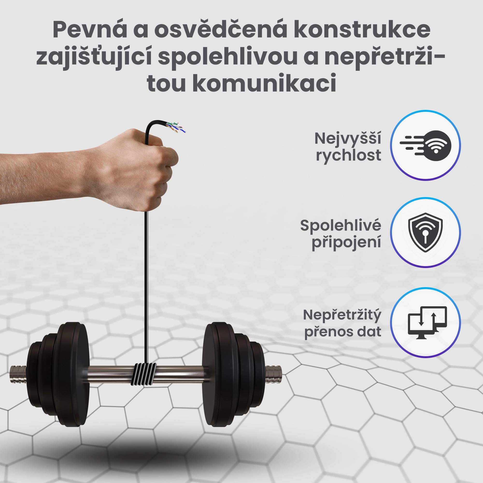 Ruka zvedá činku pomocí lana Extralink, což symbolizuje sílu a kvalitu přenosu.