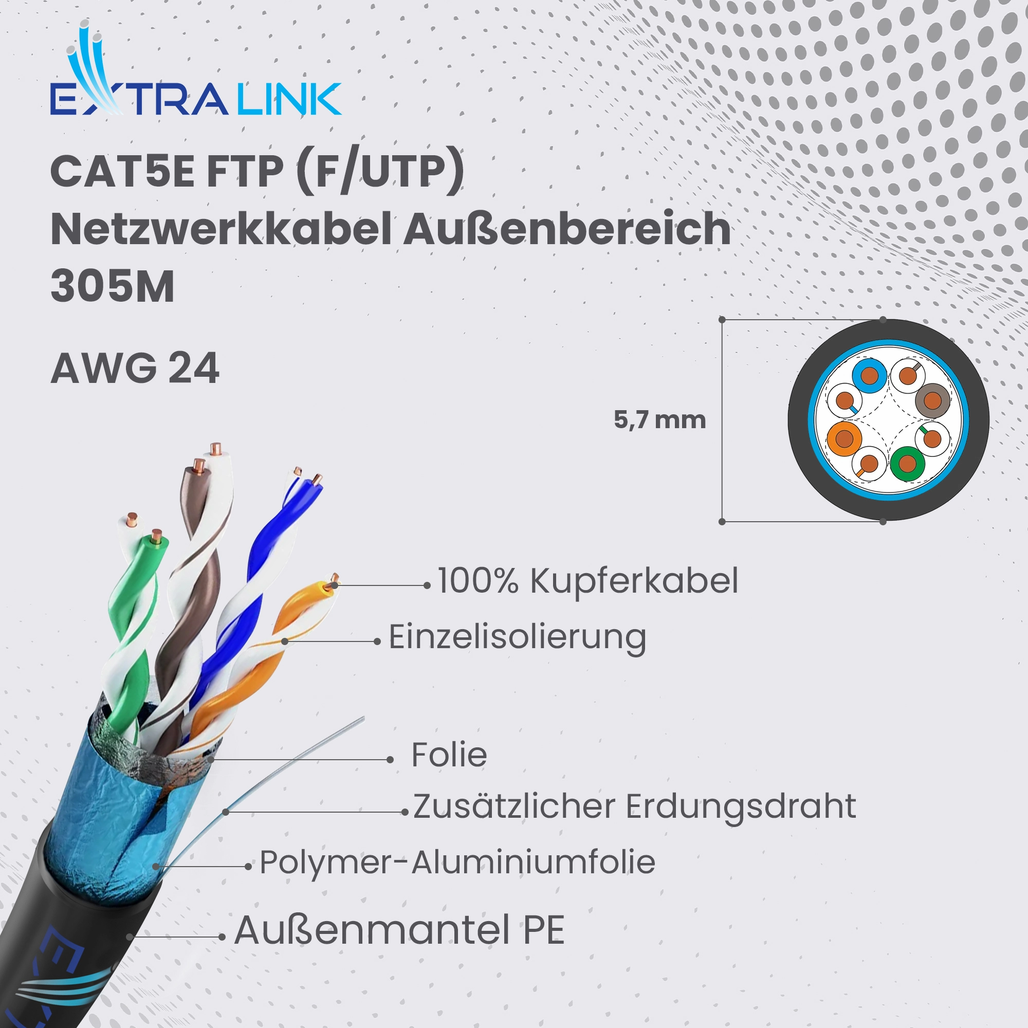 Kabelquerschnitt Extralink CAT5E FTP F/UTP V2 outdoor 5,7 mm; sichtbar 4 verdrillte Paare und Abschirmung