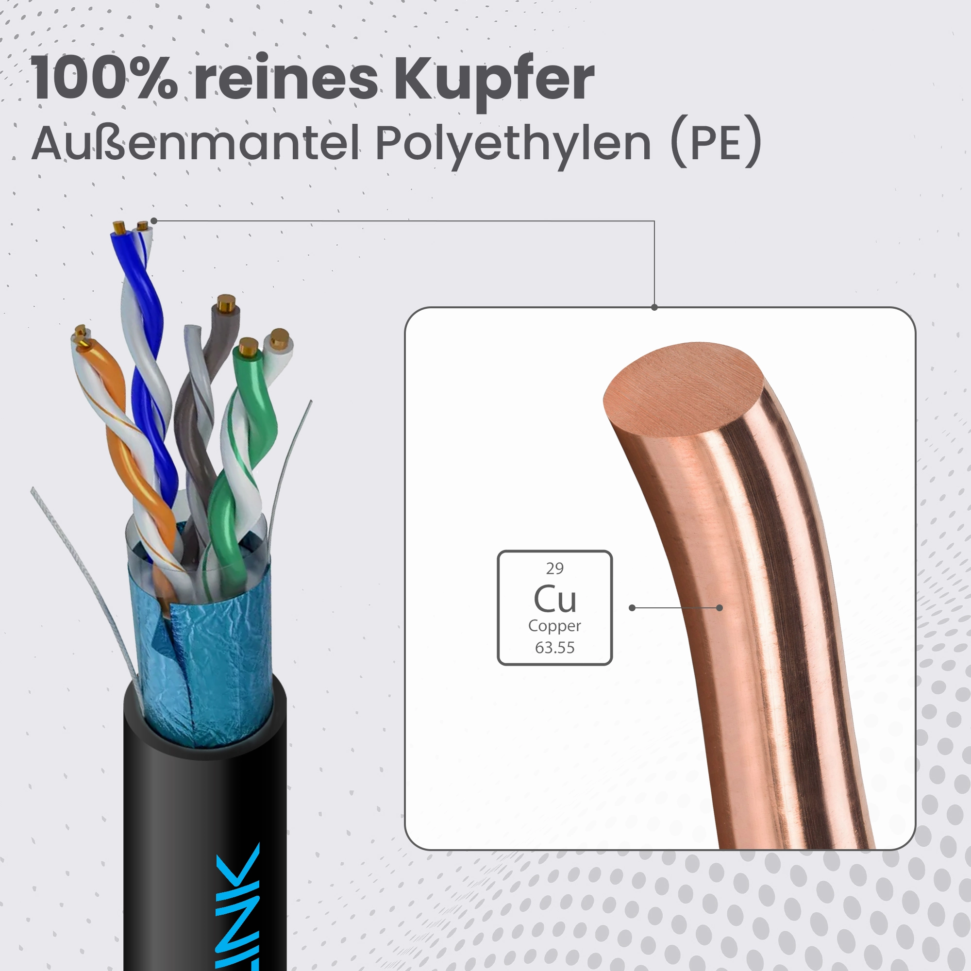 Extralink CAT5E FTP F/UTP V2 Au&szlig;enkabel mit 0,5 mm sichtbaren Kupferleitern (Cu).