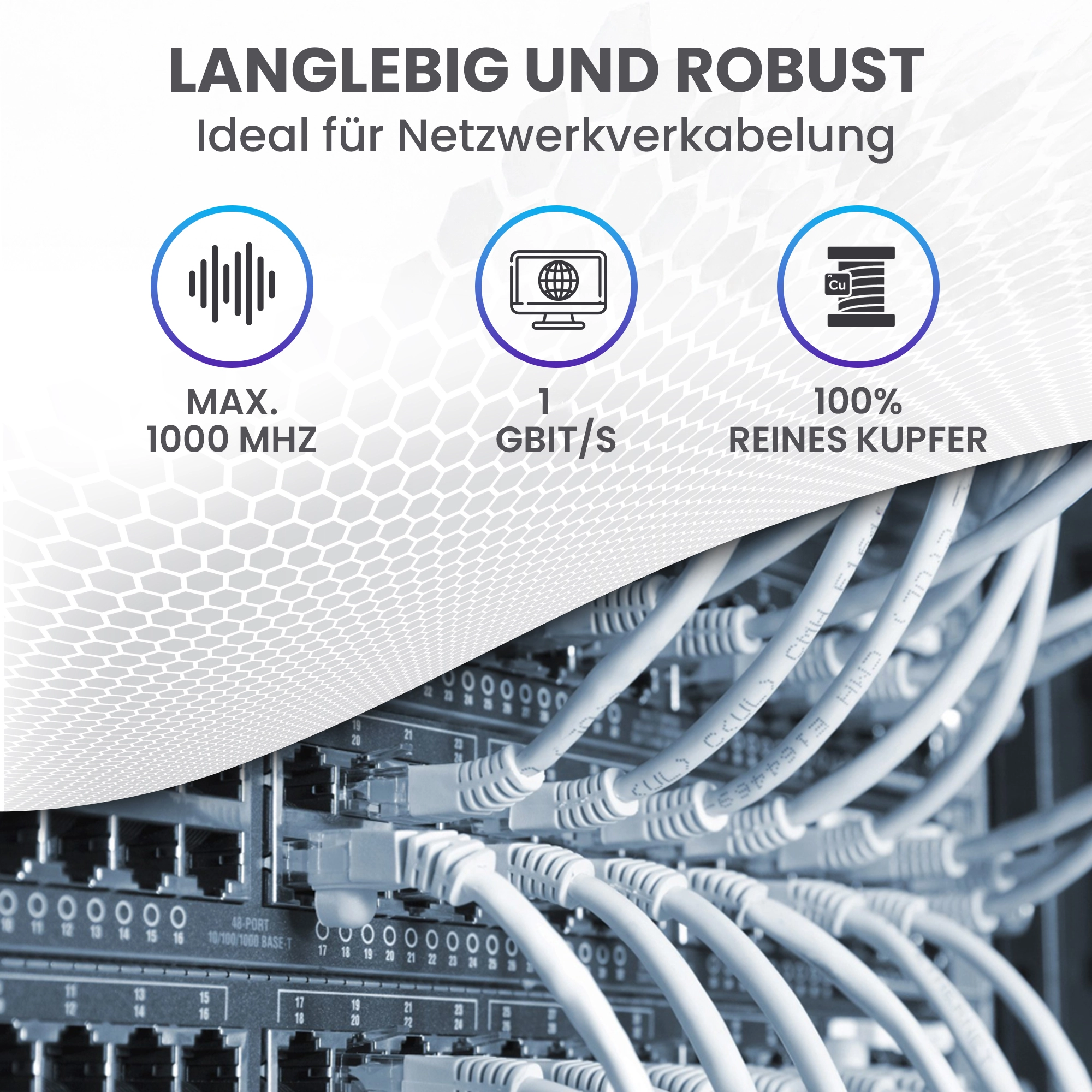 Extralink-Netzwerkkabel, die an den Switch angeschlossen sind. Icons: 1000 MHz, 10 Gbit/s, 100% Kupfer