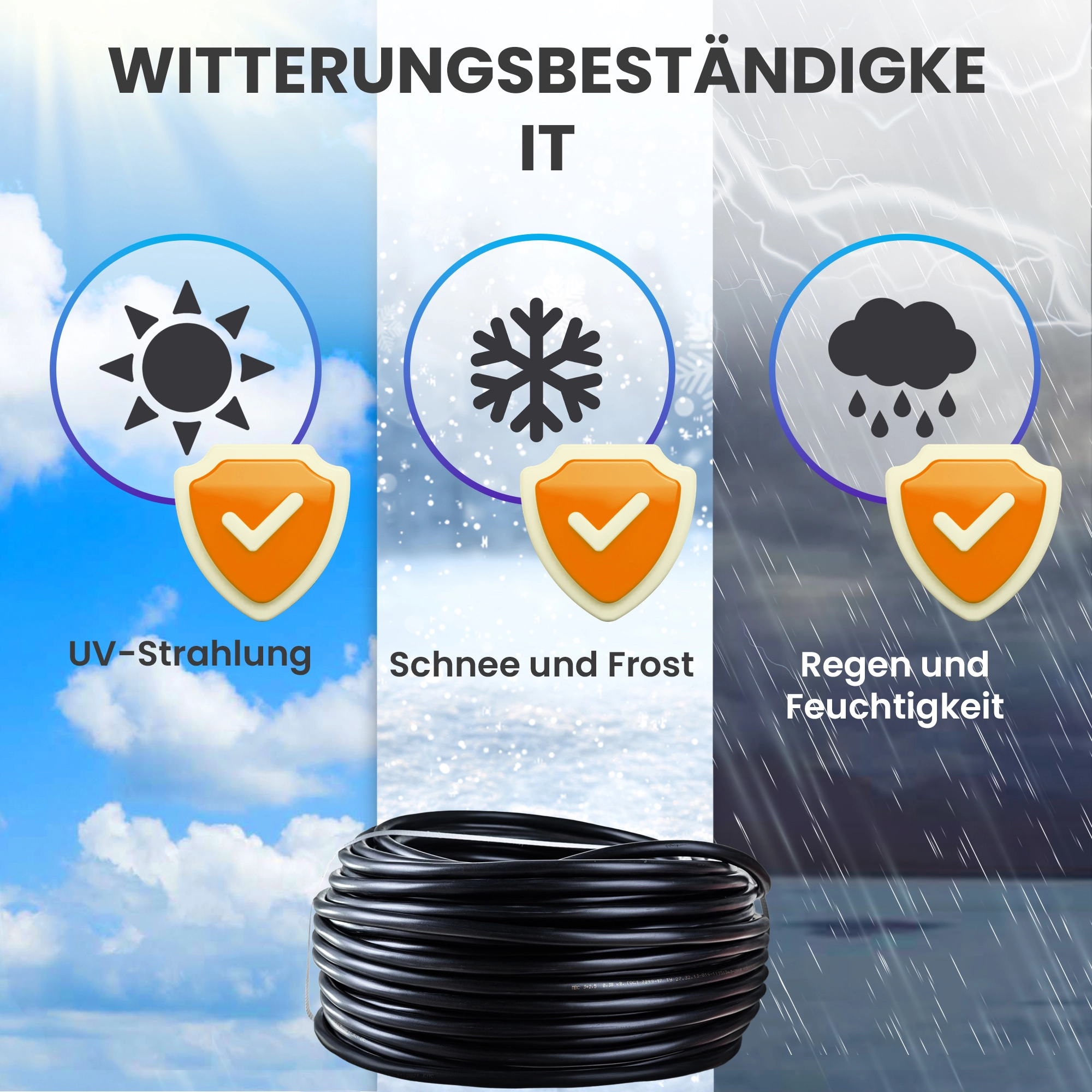 Schwarzes wetterfestes Extralink-Kabel f&uuml;r den Au&szlig;enbereich: resistent gegen Sonne, Frost und Regen/Sturm
