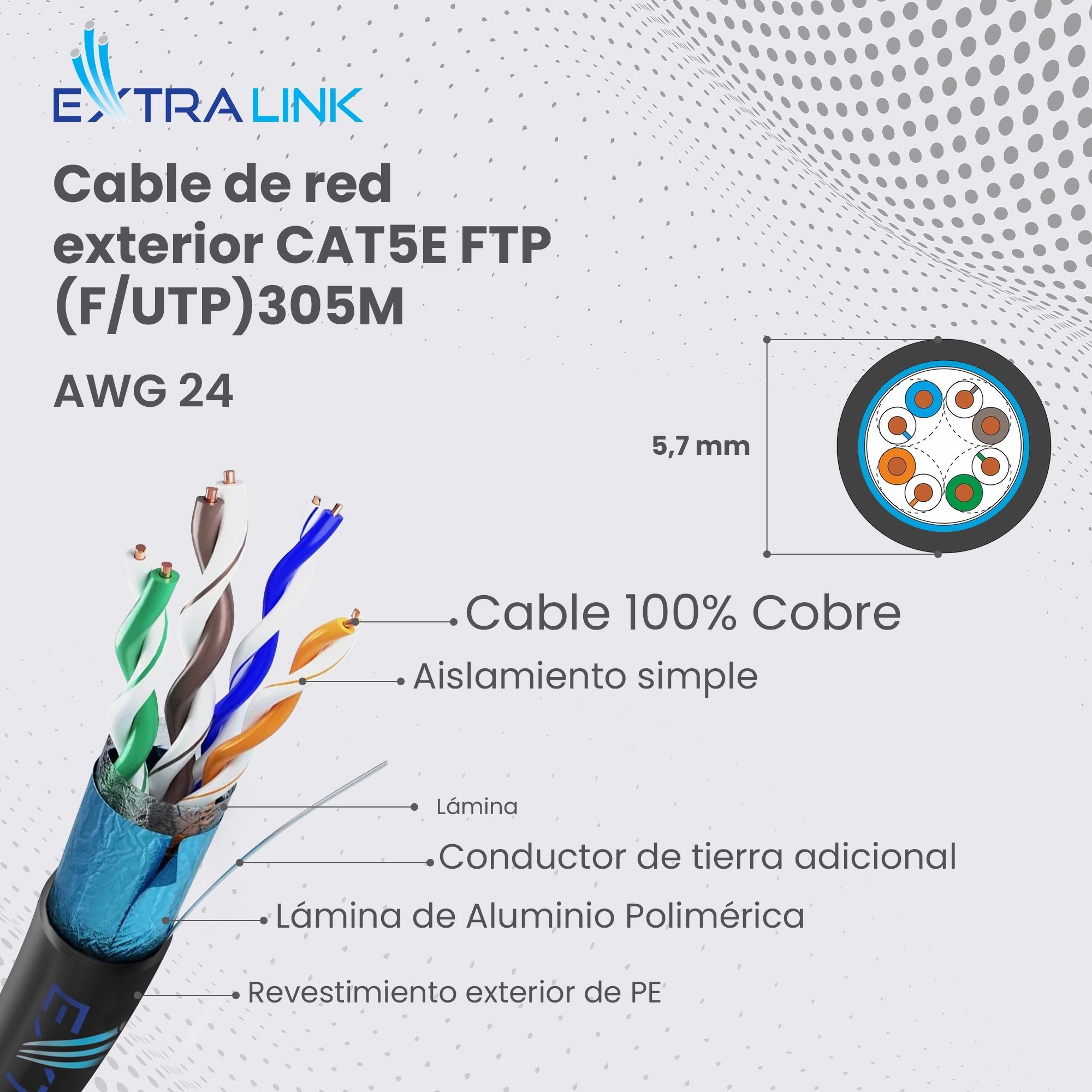 Secci&oacute;n transversal del cable Extralink CAT5E FTP F/UTP V2 exterior 5,7 mm; 4 pares trenzados visibles y apantallamiento