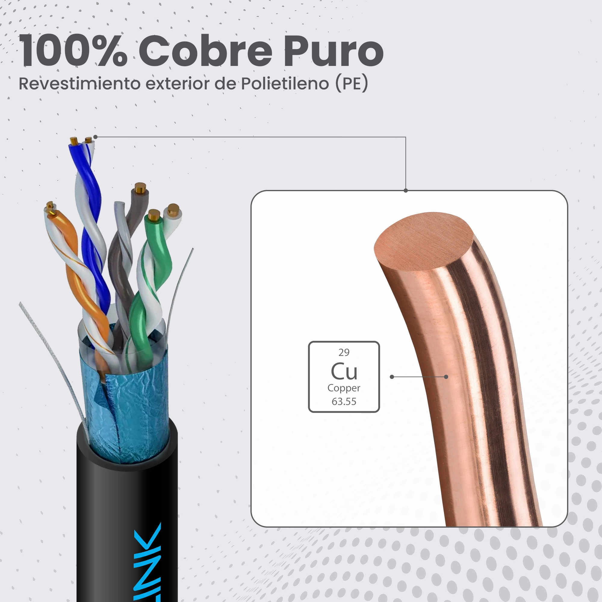 Cable de exterior Extralink CAT5E FTP F/UTP V2 con conductores de cobre (Cu) visible de 0,5 mm.