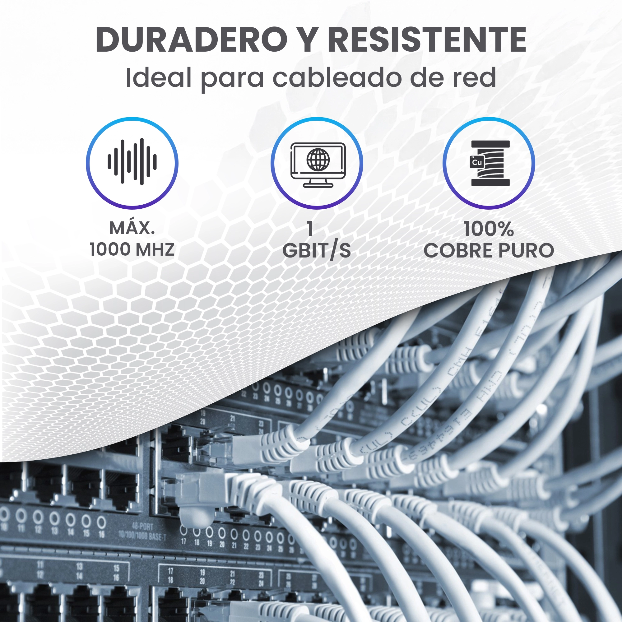 Cables de red Extralink conectados al conmutador. Iconos: 1000 MHz, 10 Gbit/s, 100% cobre