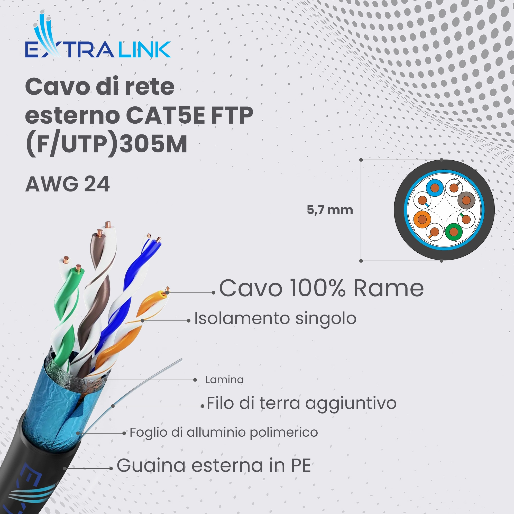 Sezione del cavo Extralink CAT5E FTP F/UTP V2 outdoor 5,7 mm; visibili 4 coppie ritorte e schermatura