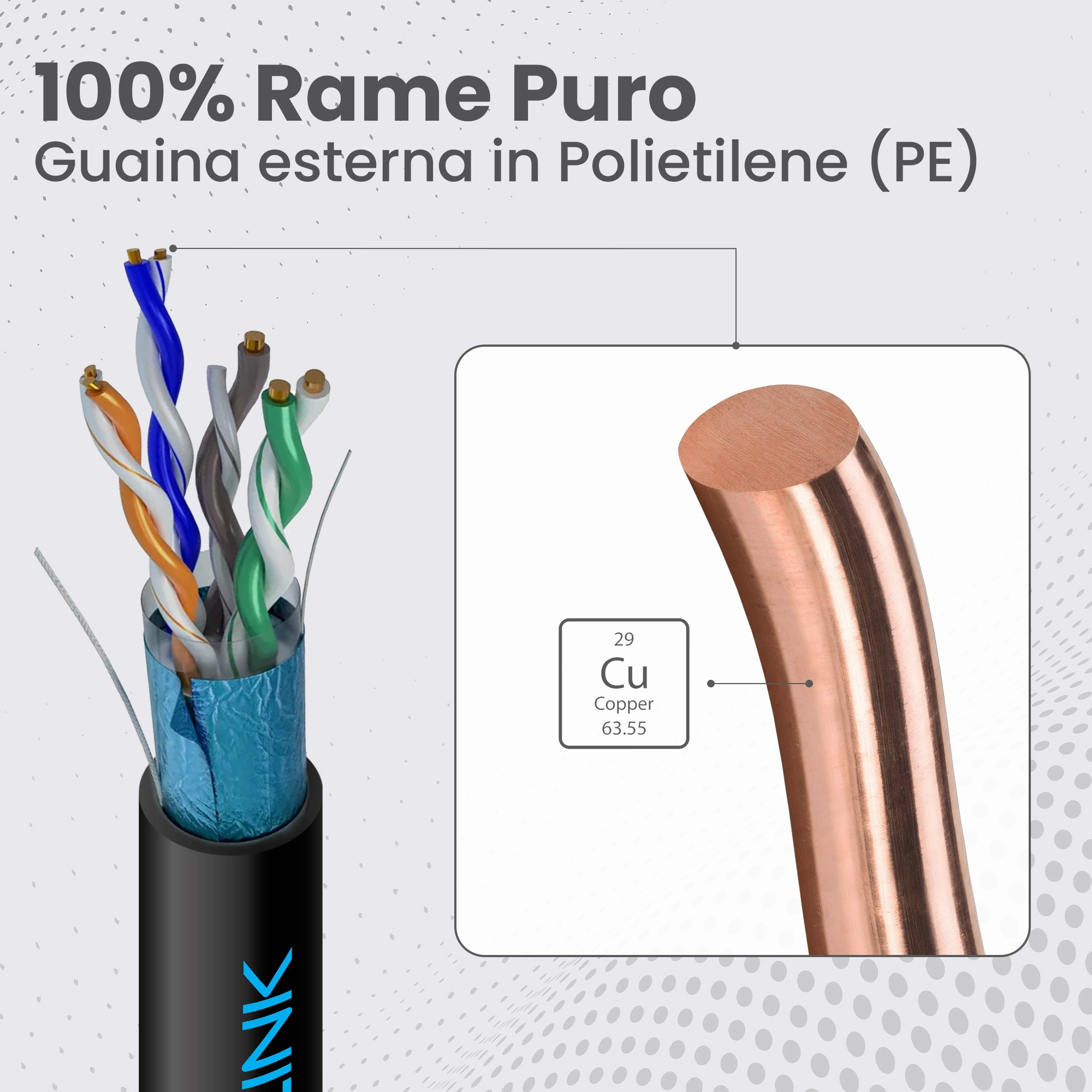 Cavo Extralink CAT5E FTP F/UTP V2 per esterni con conduttori in rame (Cu) visibili da 0,5 mm.