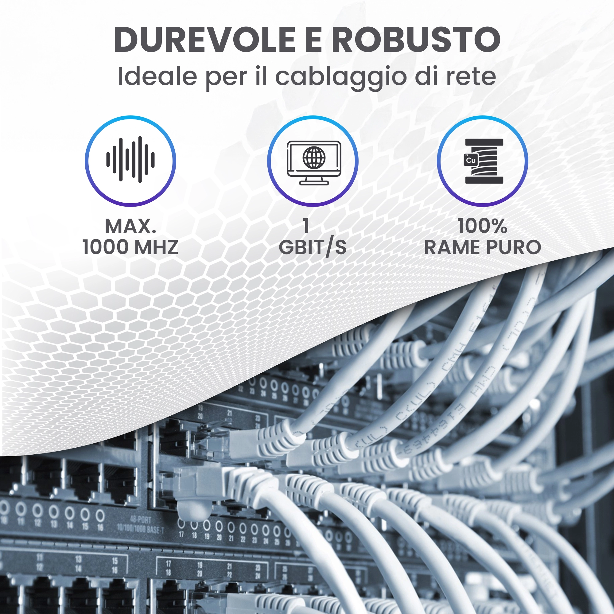 Cavi di rete Extralink collegati allo switch. Icone: 1000 MHz, 10 Gbit/s, 100% rame