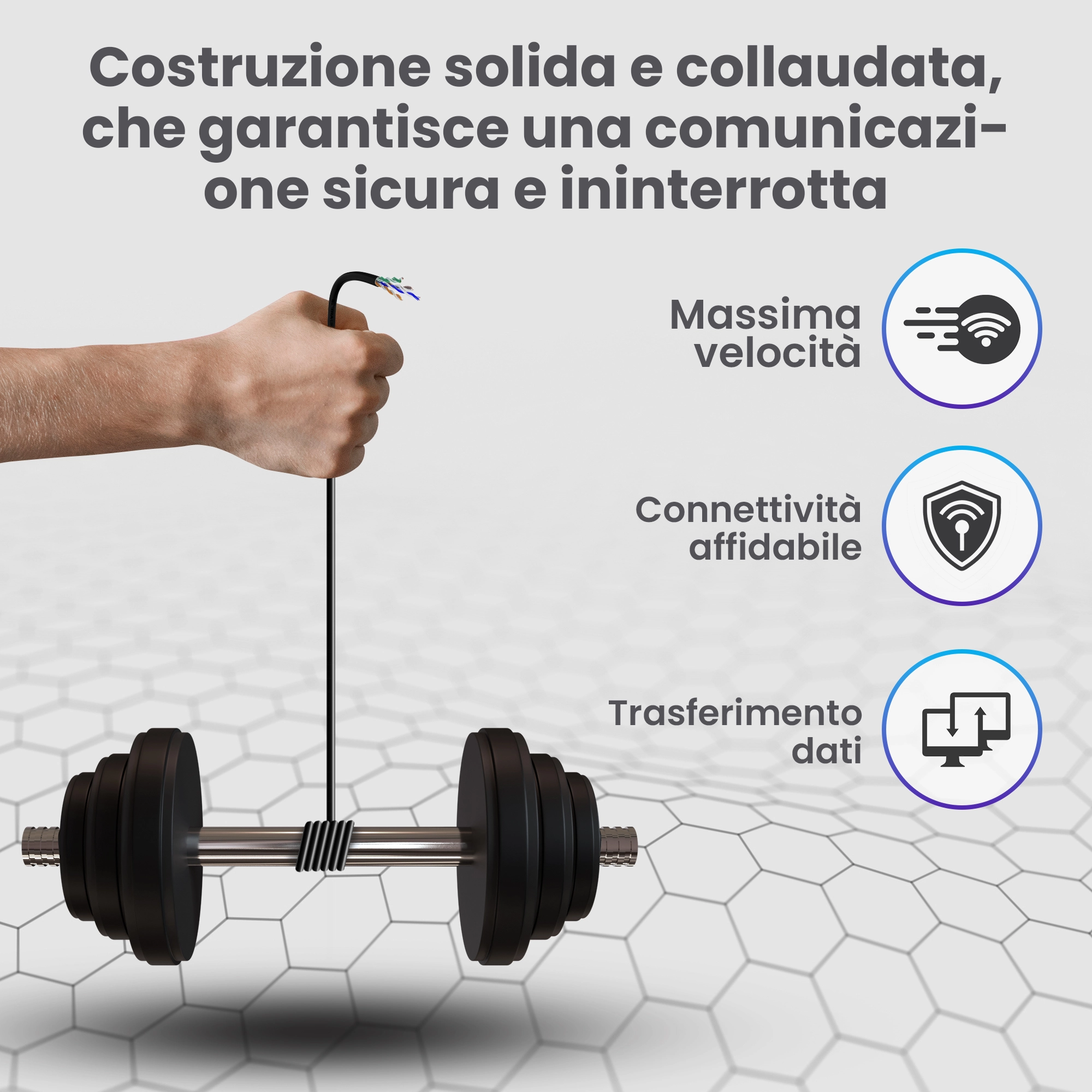 La mano solleva il bilanciere con il cavo Extralink, simboleggiando la forza e la qualità del trasferimento.
