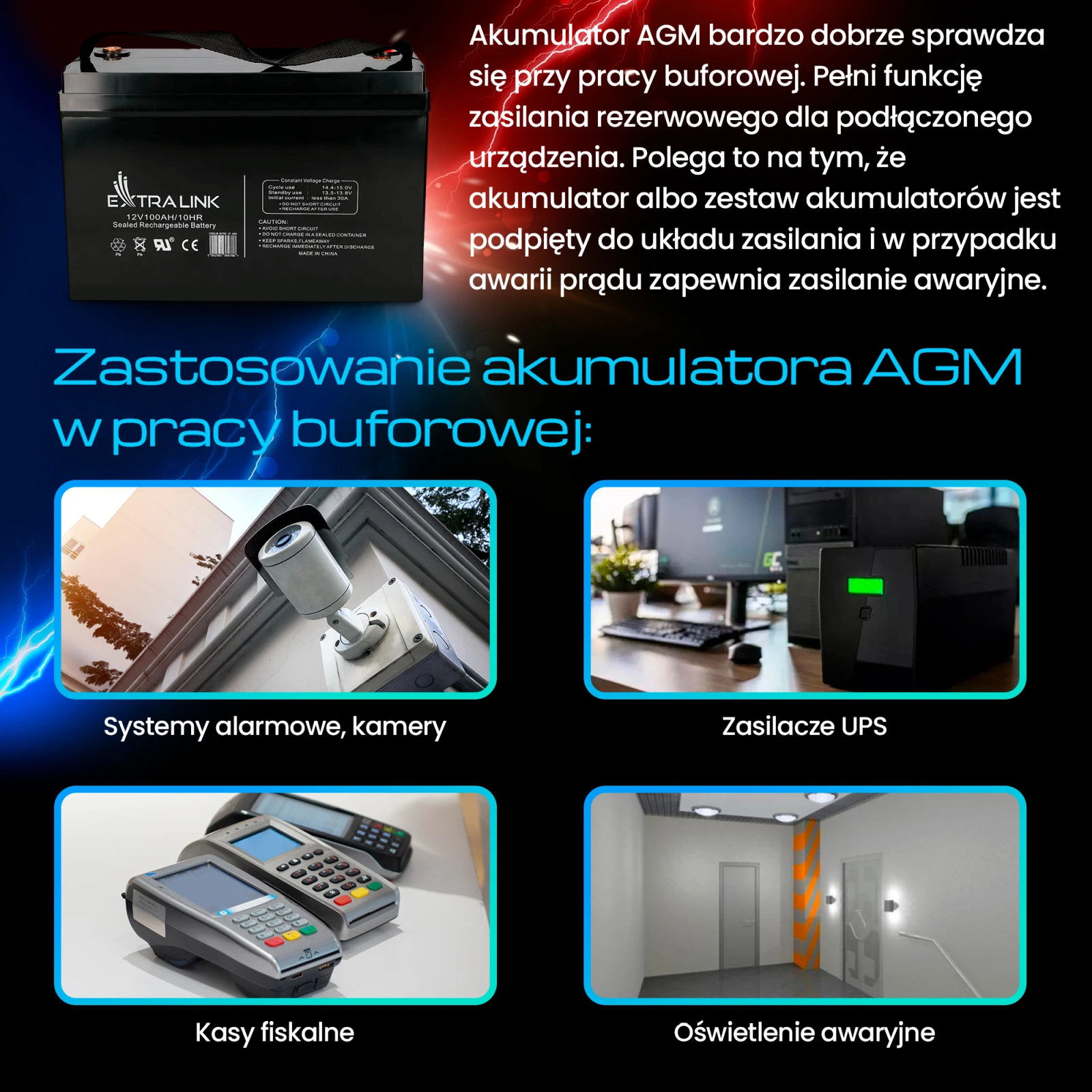Czarny akumulator oraz cztery kafelki z przykładami zastosowania w alarmach, UPS, kasach i oświetleniu