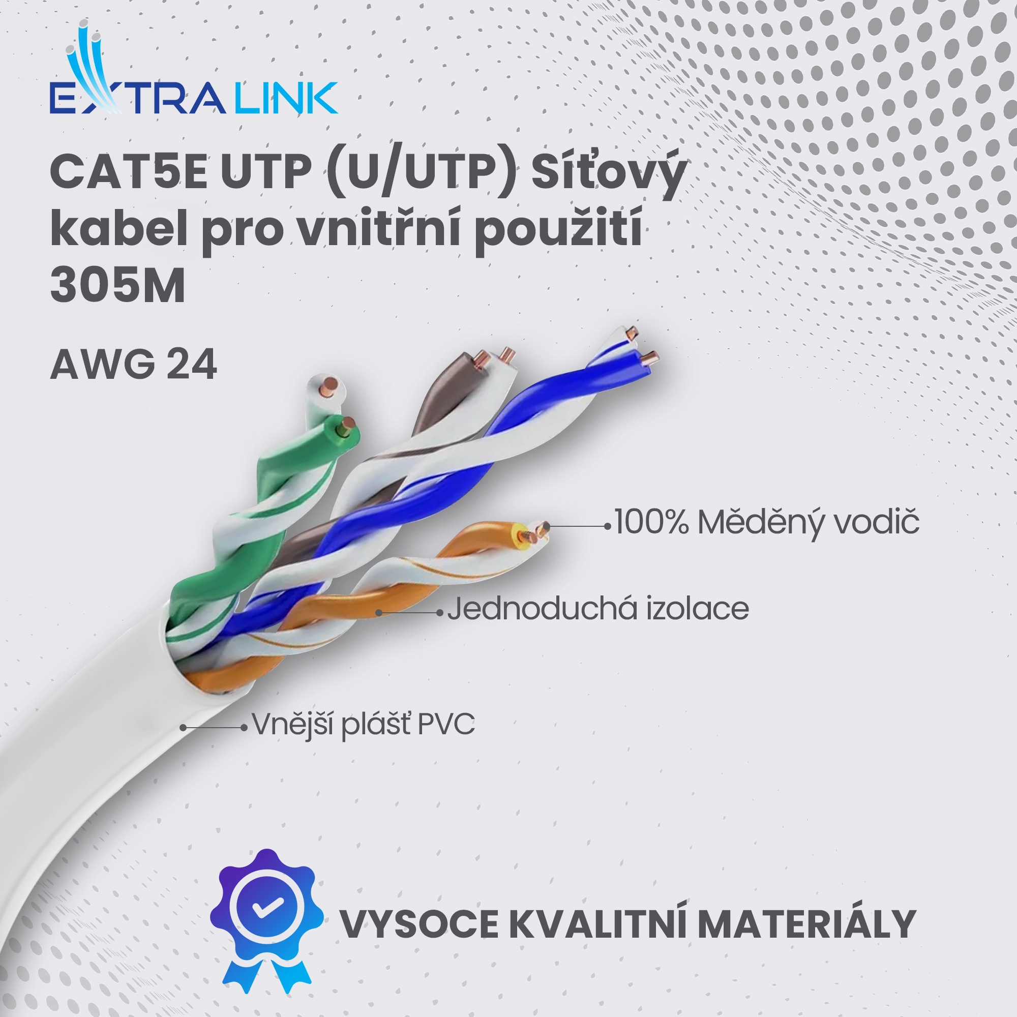 Síťový kabel Extralink CAT5E UTP (U-UTP) s viditelným vláknem, barevnými kroucenými páry a certifikací kvality