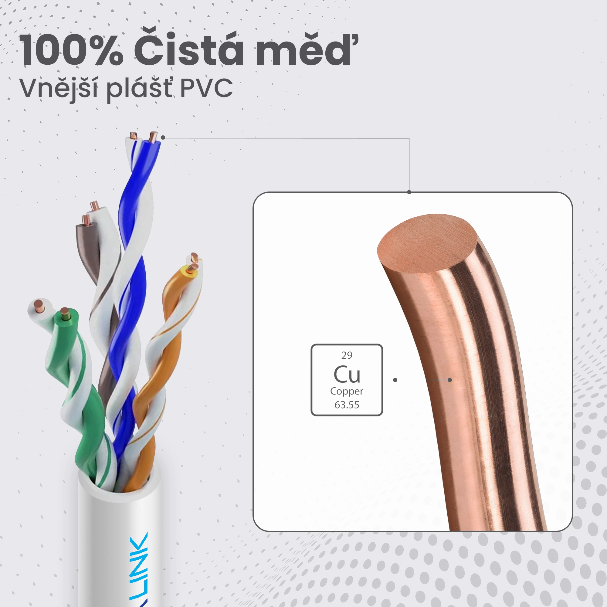 Kabel Extralink CAT5E UTP s viditelnými kroucenými páry a zvětšením na měděném vodiči s označením Cu (Copper)
