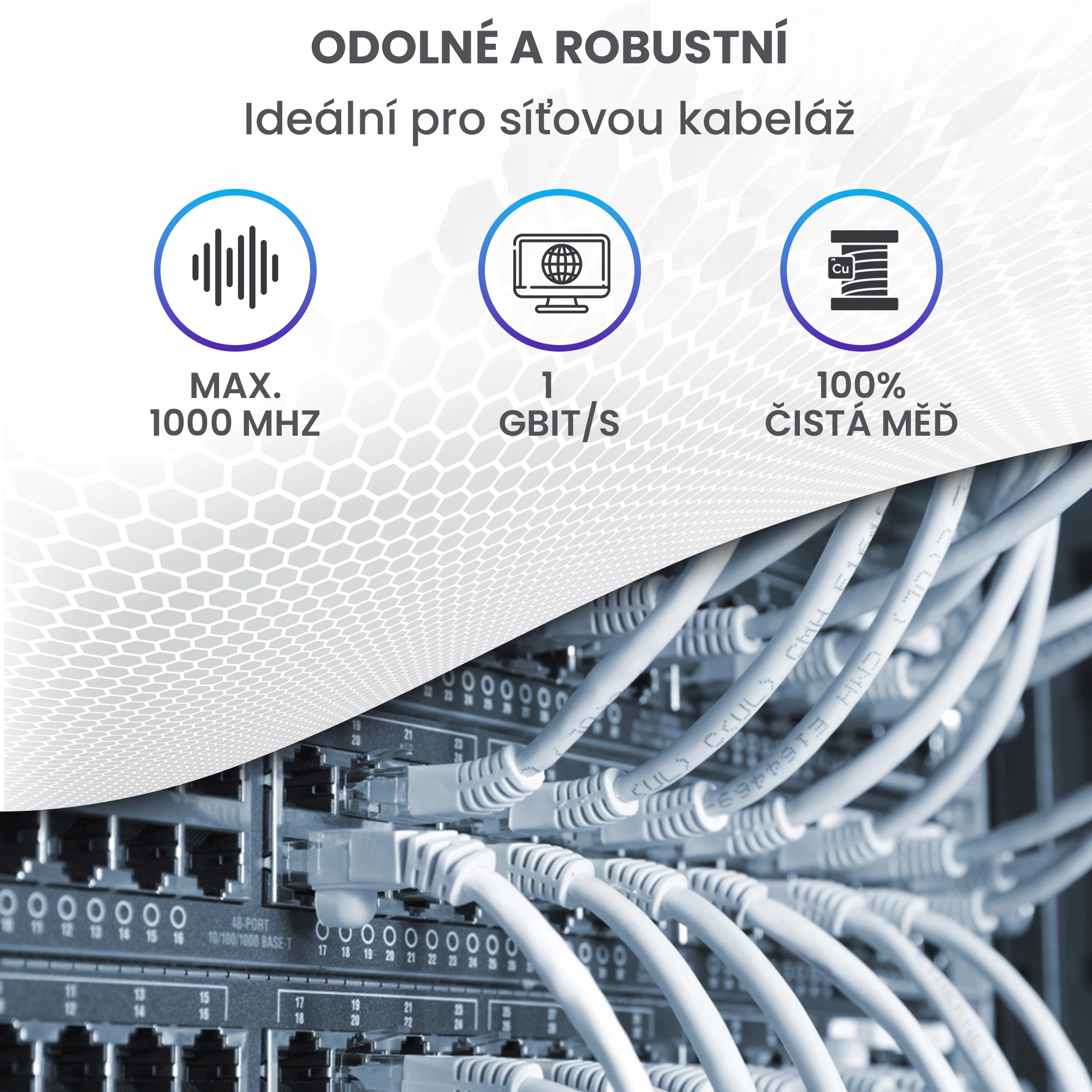 Alt text: Patchcordy zapojené do přepínače s ikonami zobrazujícími parametry: Max. 1000 MHz, 10 Gbit/s, 100% měď (Cu)