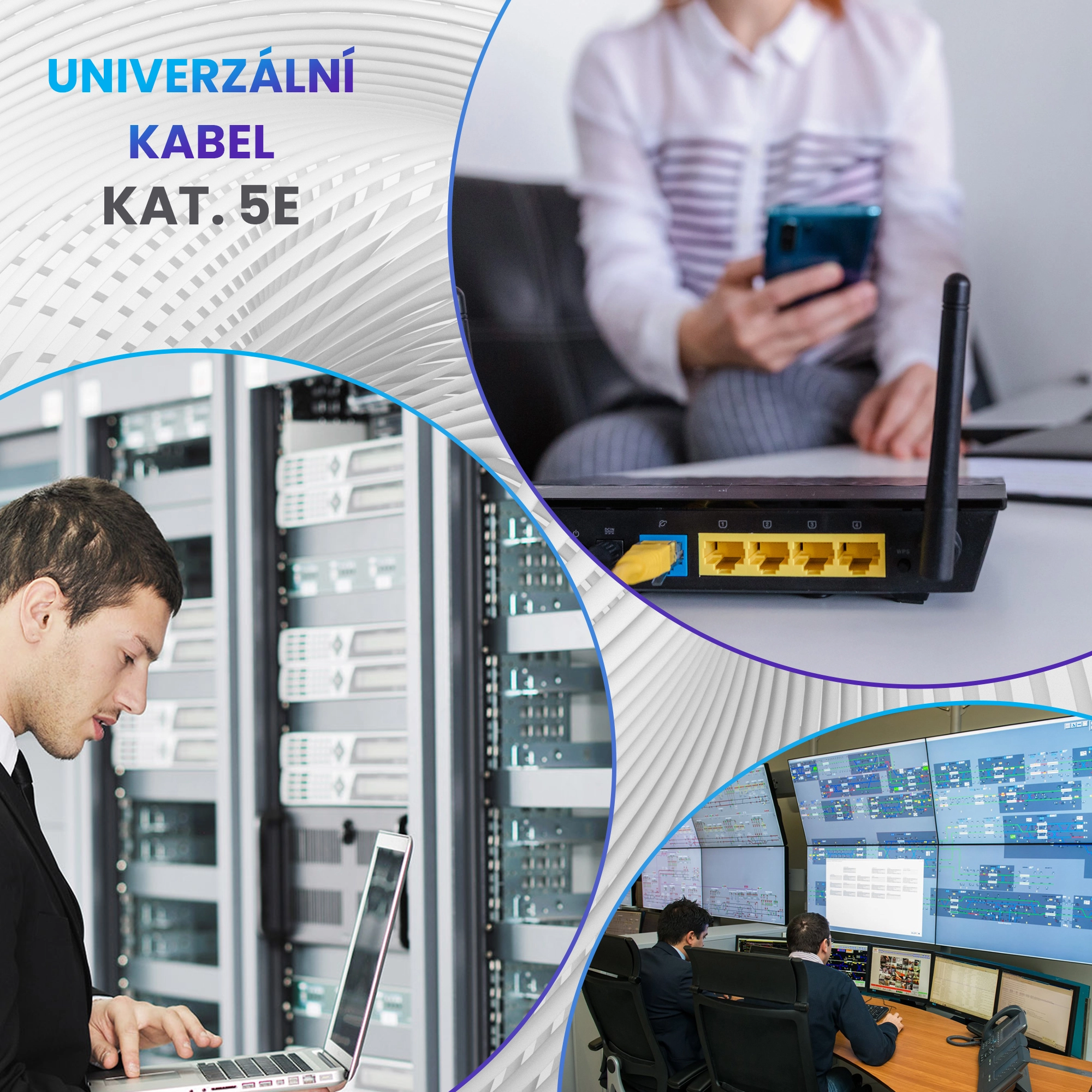 Tři zásahy: správce IT v serverovně, směrovač/domácí modem a centrum pro monitorování/správu sítě.