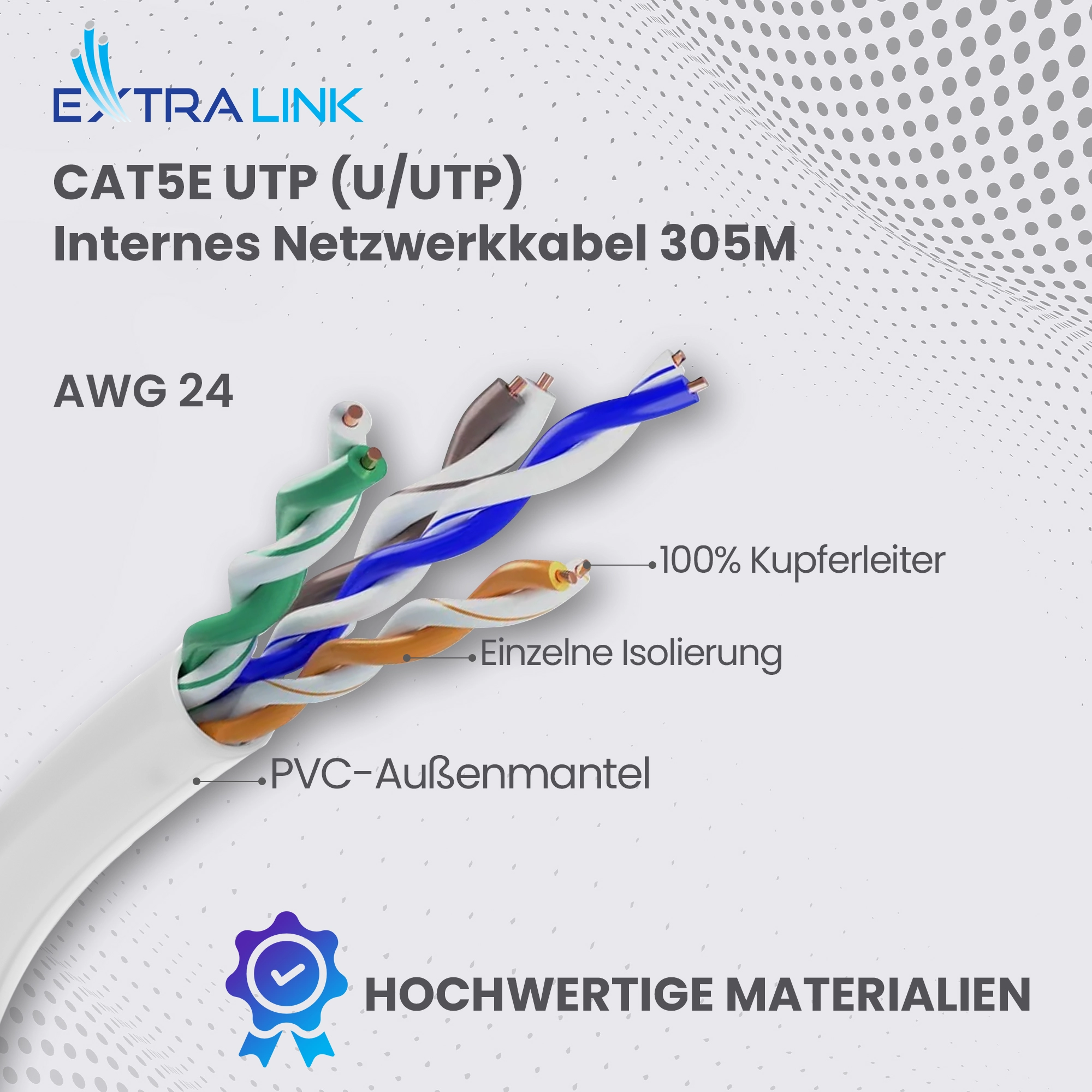 Extralink CAT5E UTP (U-UTP) Netzwerkkabel mit sichtbaren verseilten, farbigen verdrillten Adernpaaren und Qualitätszertifikat