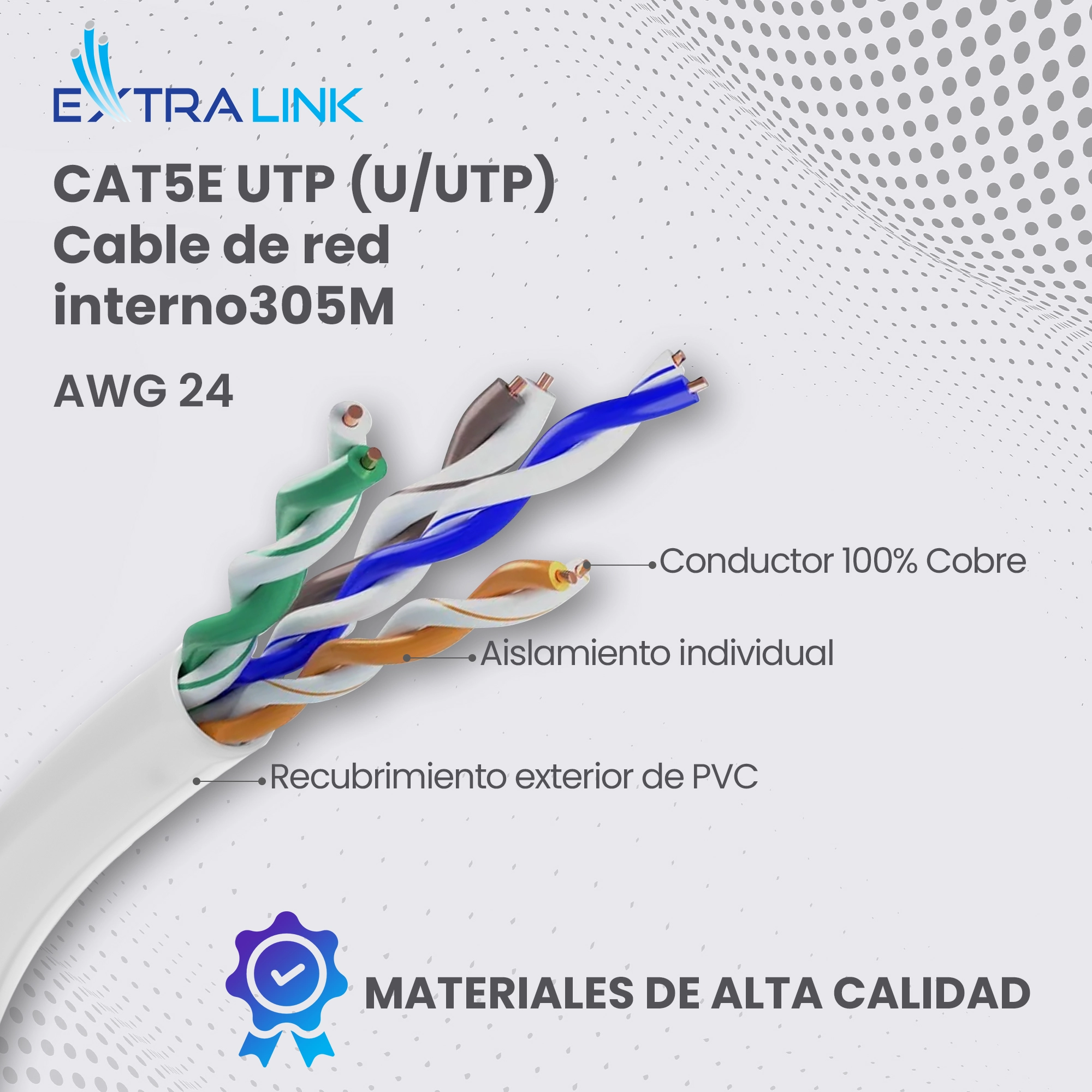 Cable de red Extralink CAT5E UTP (U-UTP) con pares trenzados visibles de colores y certificación de calidad