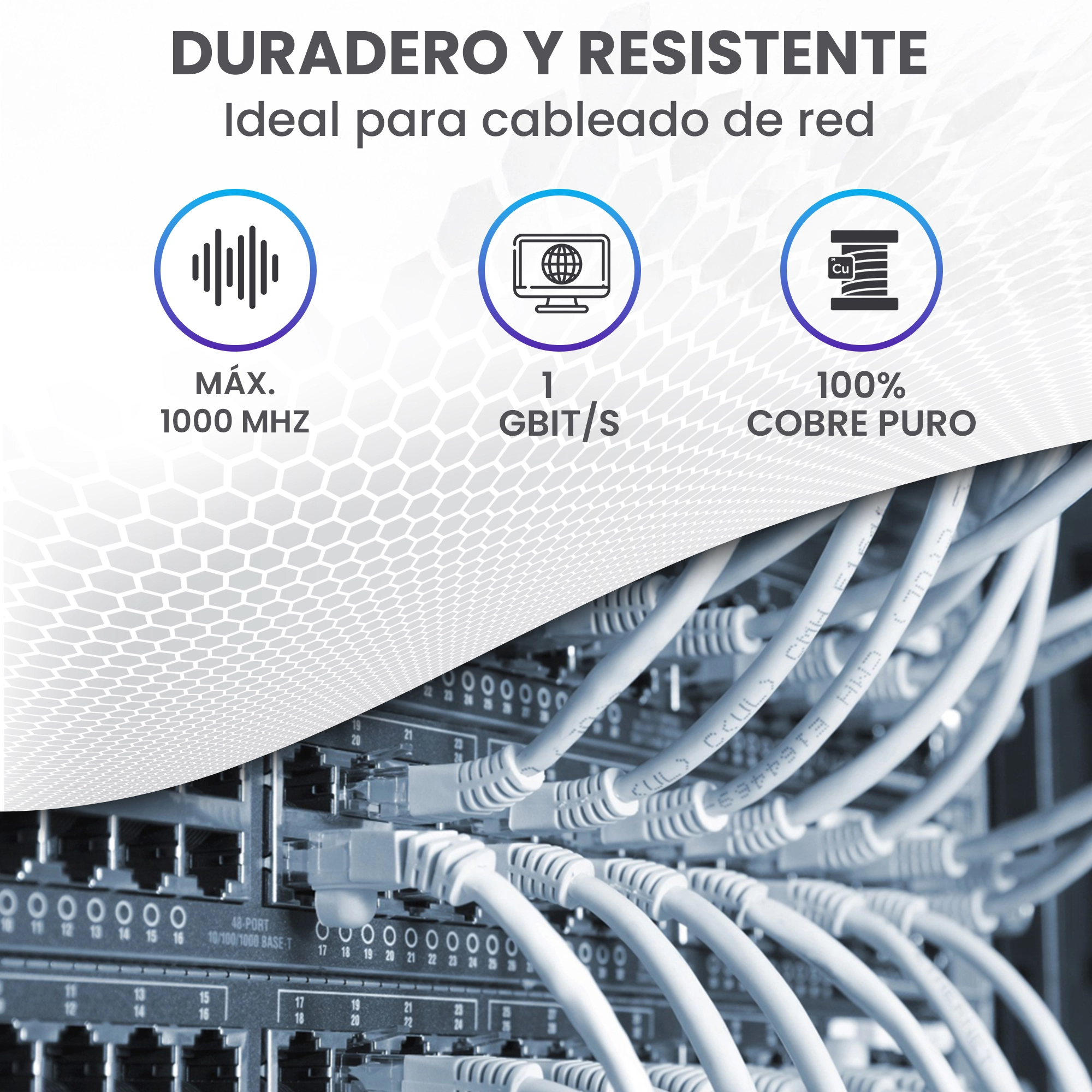 Texto alternativo: Patchcords conectados al conmutador con iconos que muestran los parámetros: Máx. 1000 MHz, 10 Gbit/s, 100% cobre (Cu)